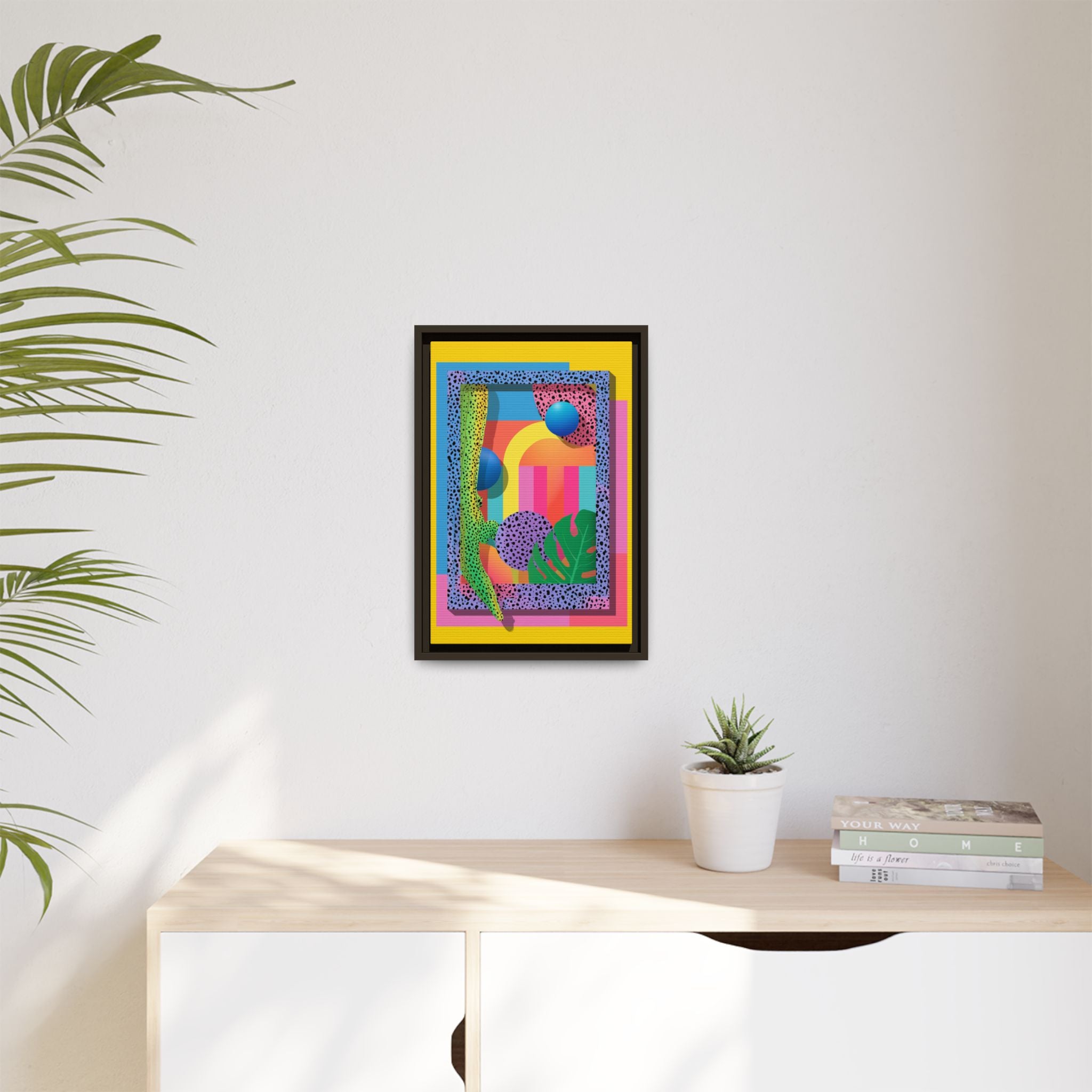 Geometric Rhythms: Abstract Layers of Color, Dimensional Shapes and Tropical Elements, Vibrant Modern Art Composition   |   Custom Orders