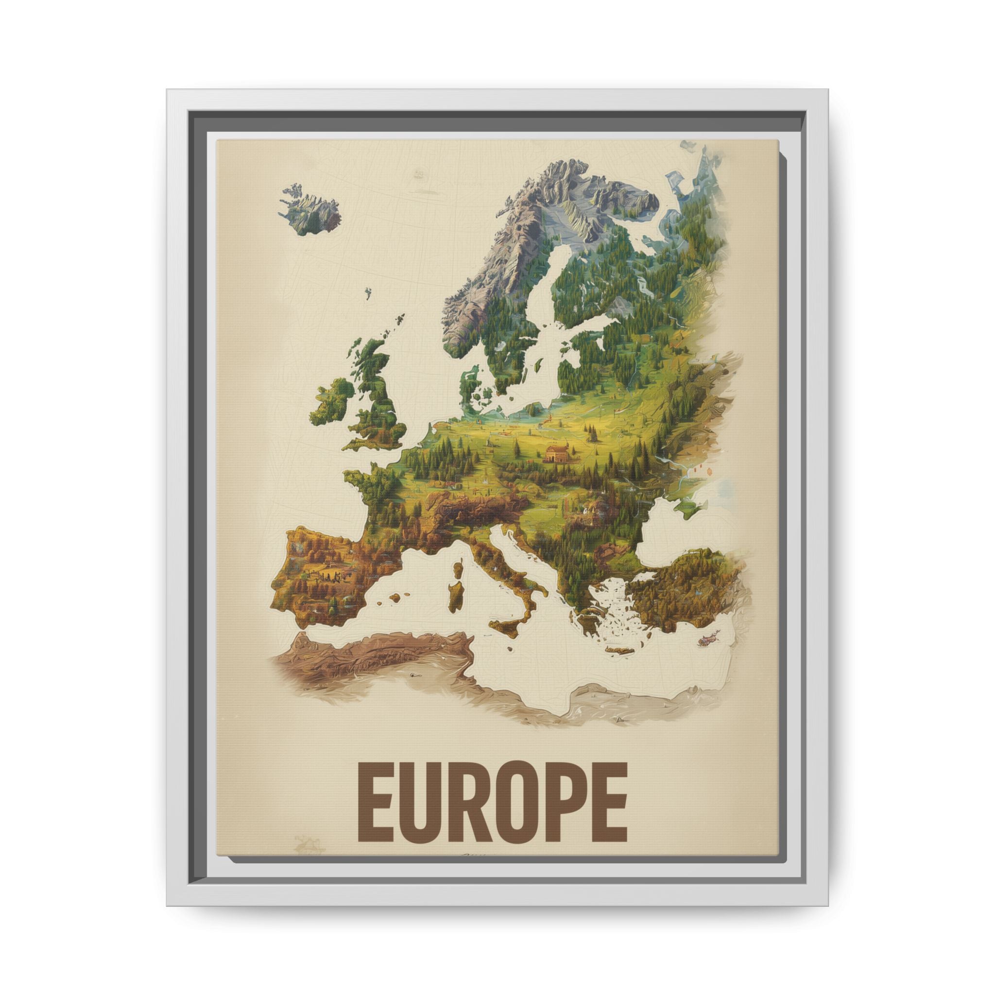 Framed Europe Map Canvas Print — Vintage Landscape Style Wall Art