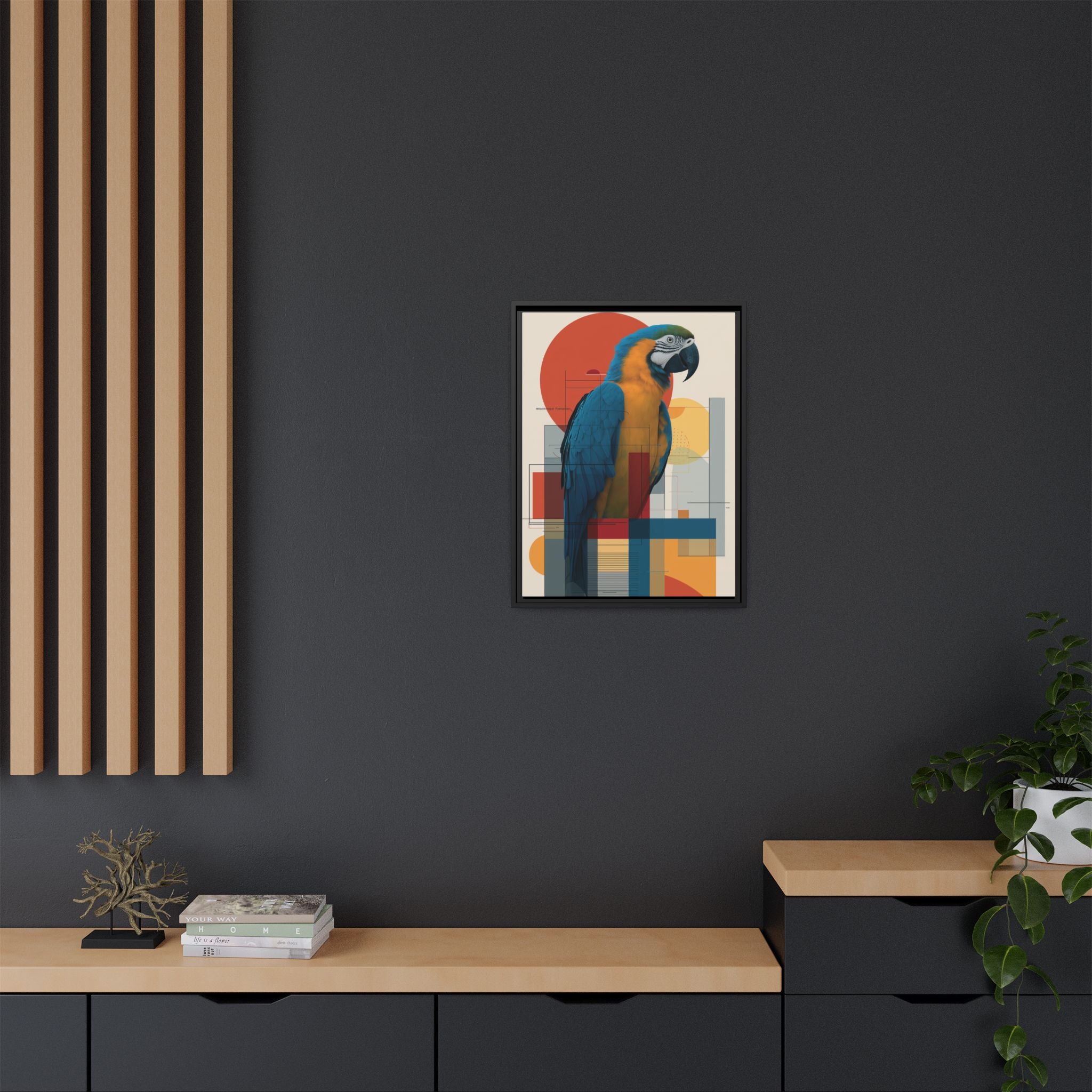 Vibrant Macaw Geometric Framed Print: Avian Realism, Modern Abstract Composition   |  Personalized & Custom Orders Available