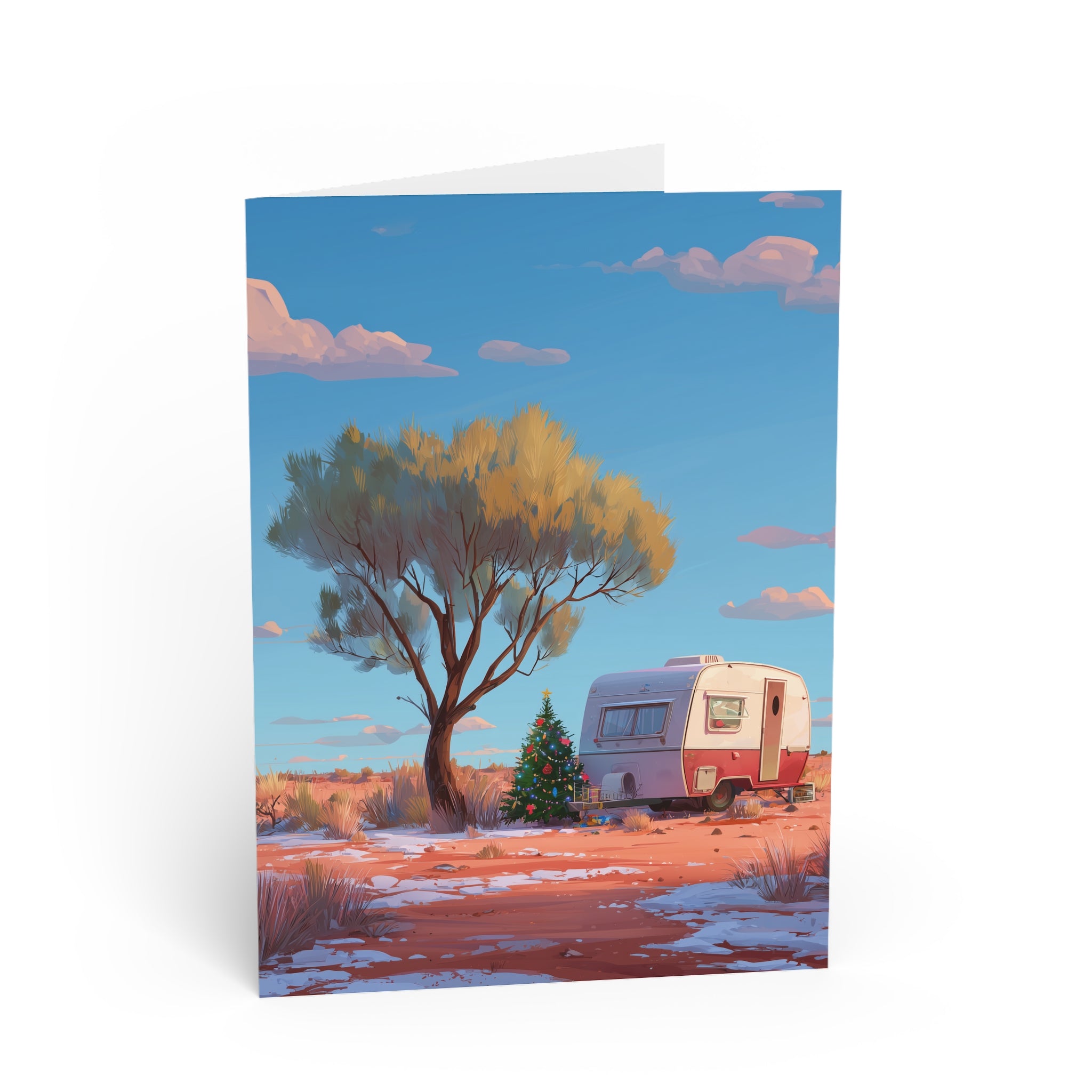 Camping Caravan Greeting Card — Retro Camper & Pine Trees Note Card