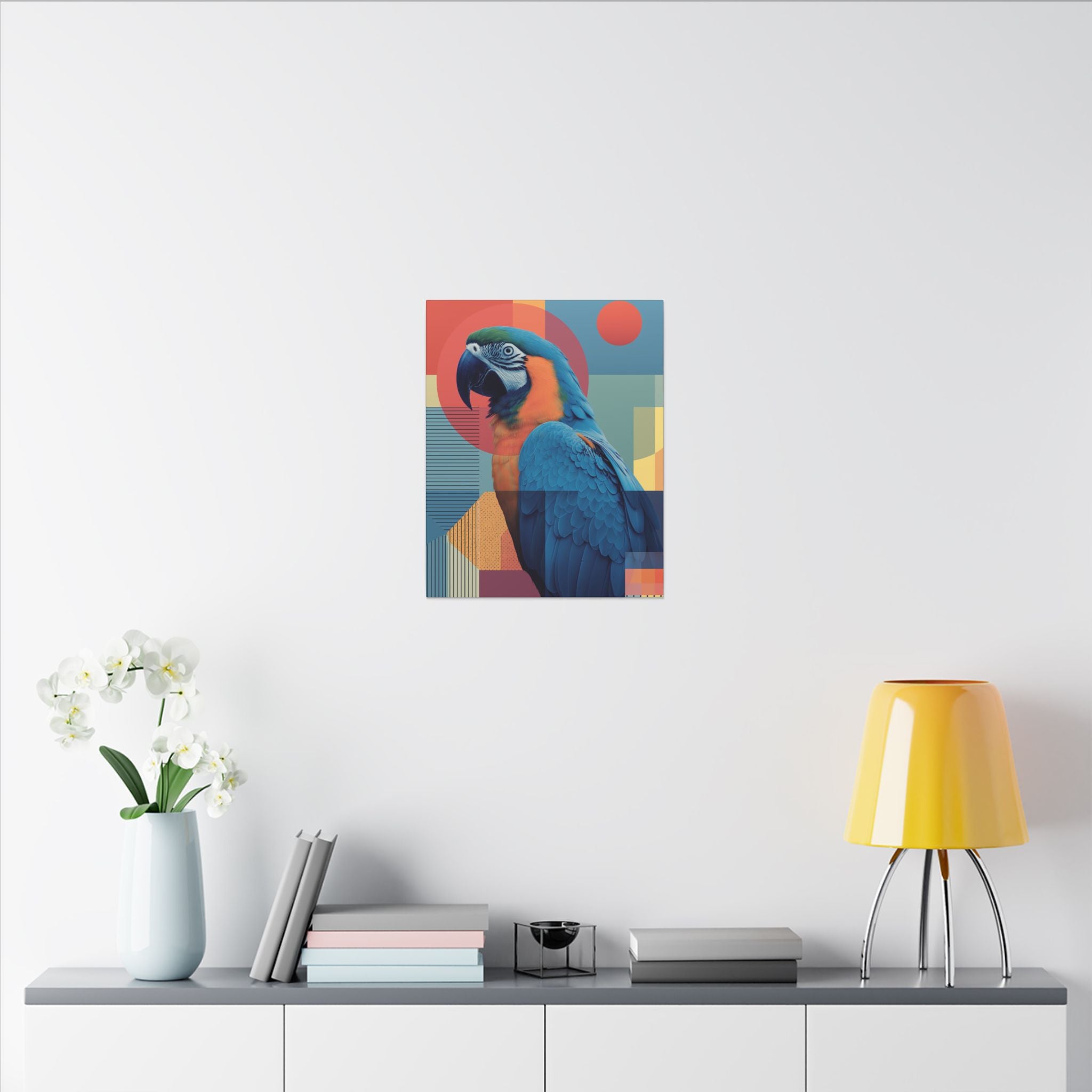 Macaw Mosaic: Mid-Century Modern Bird Portrait, Geometric Abstract Design   |    Custom Orders Available