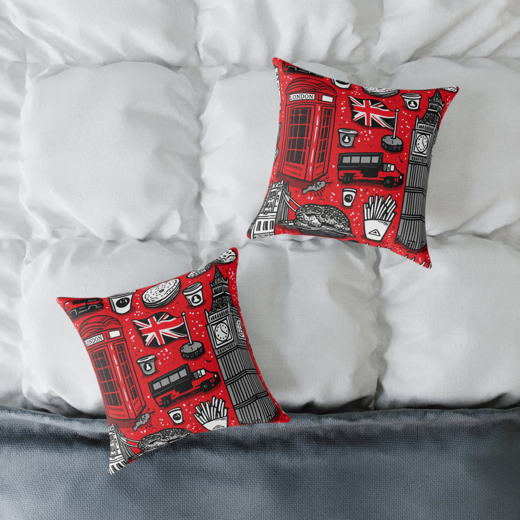 London-Themed Square Poly Canvas Pillow, Unique Home Decor, Cozy Cushion for Travel Lovers, British Inspired Design, Gift for Her