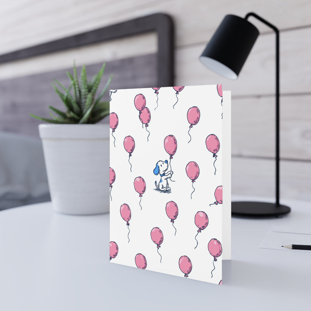 Greeting Card — Cute Puppy with Pink Balloons (Birthday, Baby Shower, New Baby)