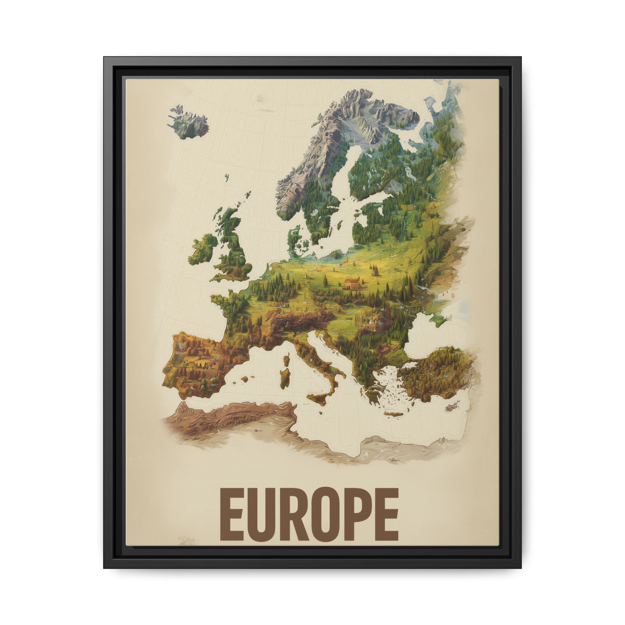 Framed Europe Map Canvas Print — Vintage Landscape Style Wall Art