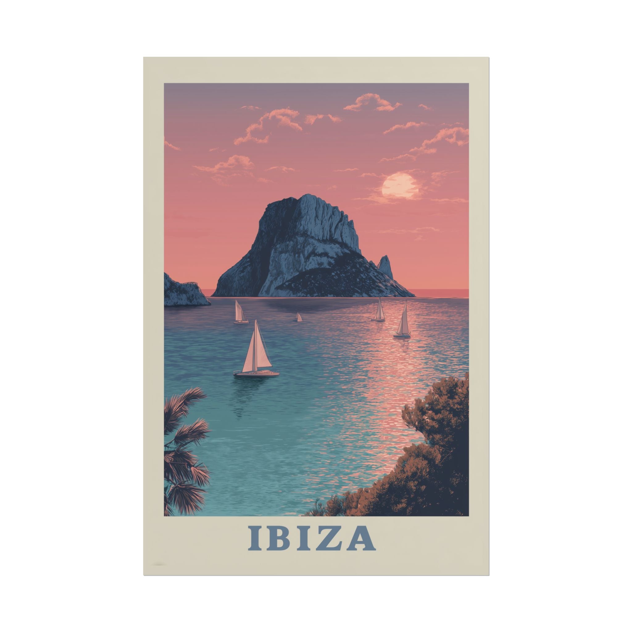 Ibiza Sunset Serenade: Vintage Travel Poster, Mediterranean Coastal Landscape   |    Custom Orders Available