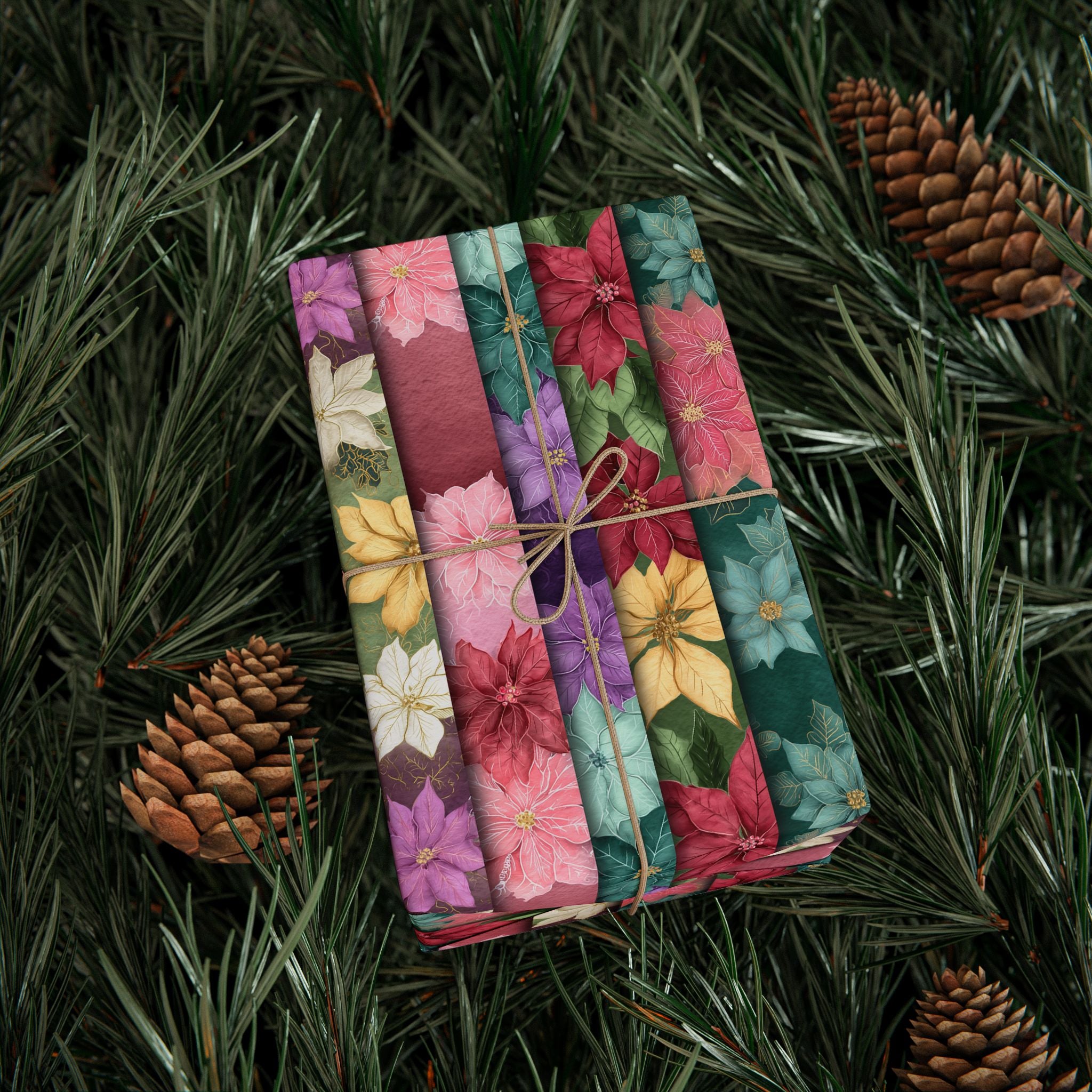 Floral Poinsettia Wrapping Paper — Festive Multicolor Holiday Gift Wrap Roll