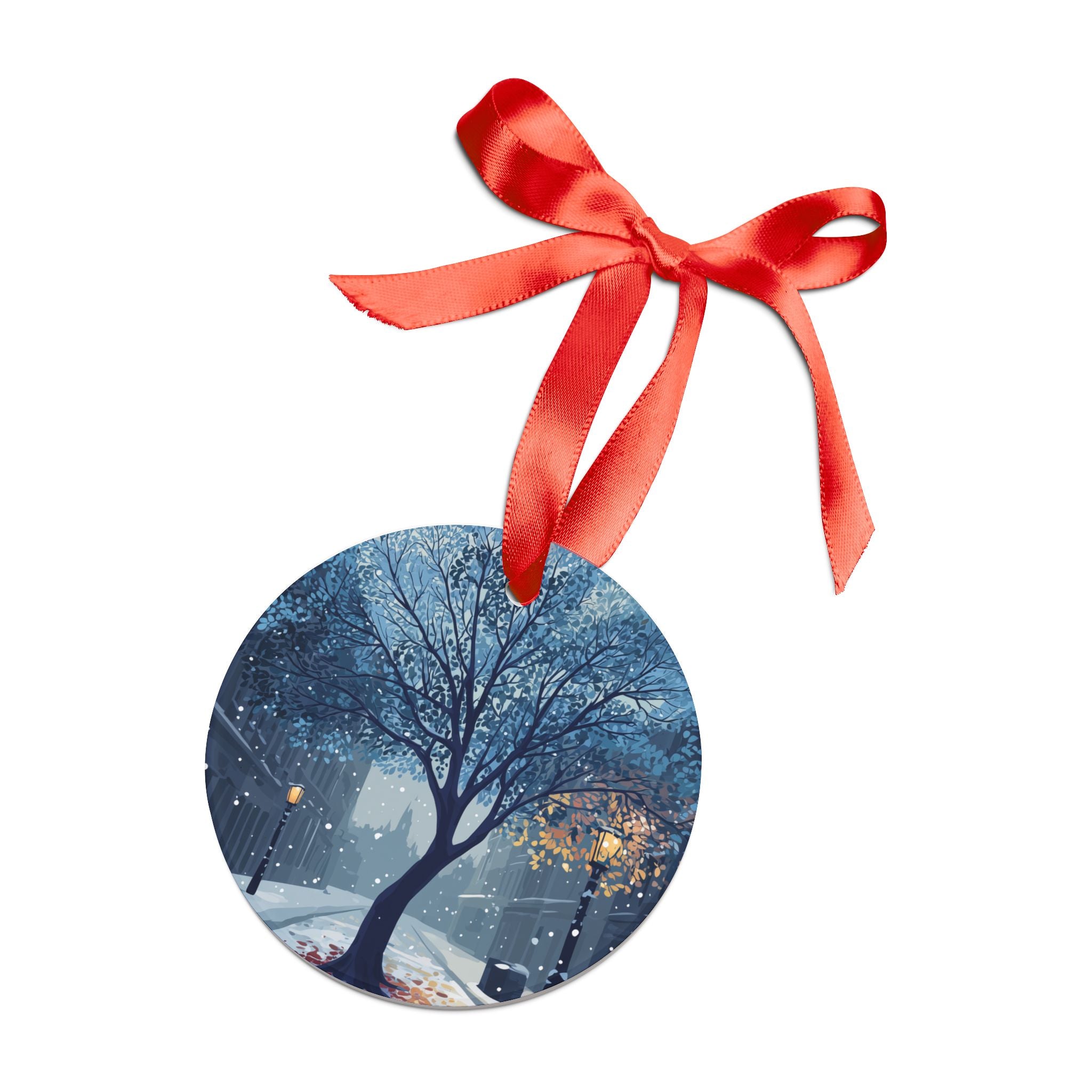 Winter Street Tree Acrylic Ornament with Red Ribbon — Snowy Night Holiday Decoration
