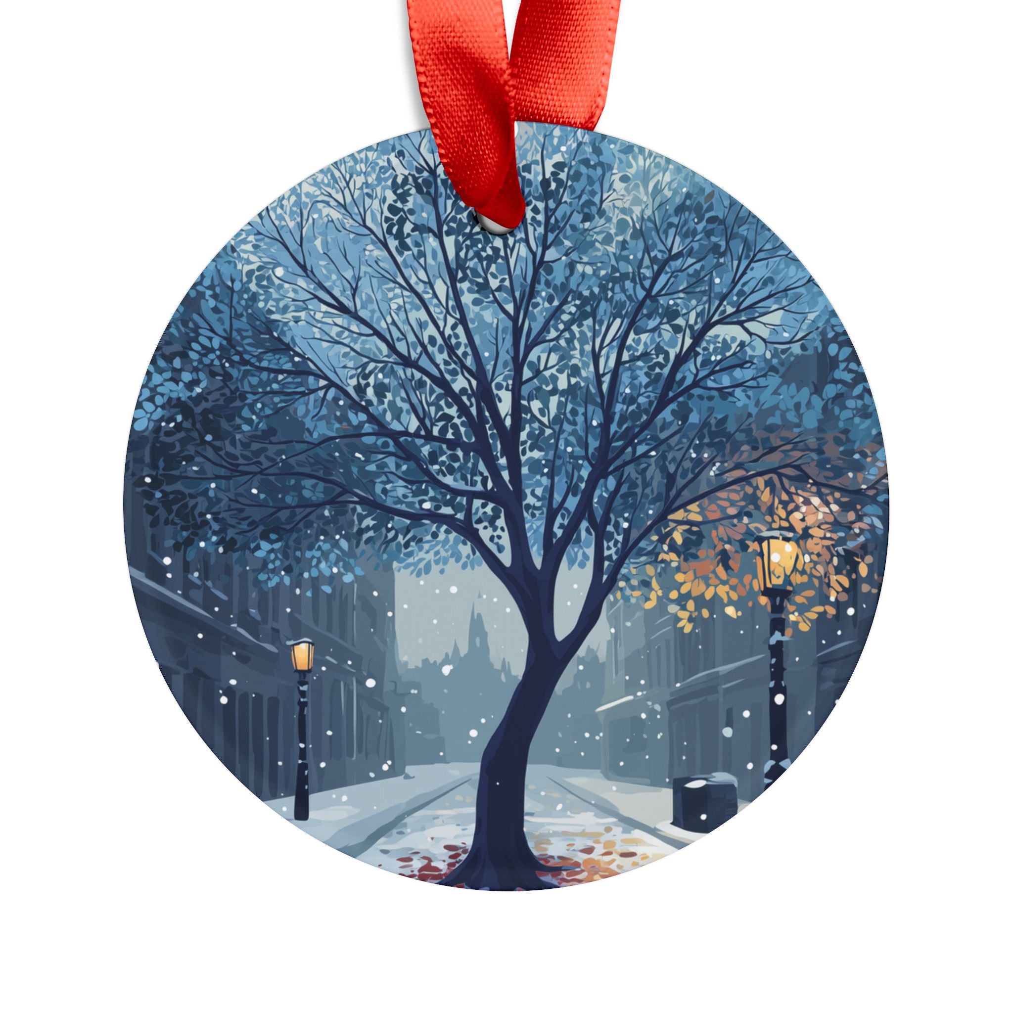 Winter Street Tree Acrylic Ornament with Red Ribbon — Snowy Night Holiday Decoration
