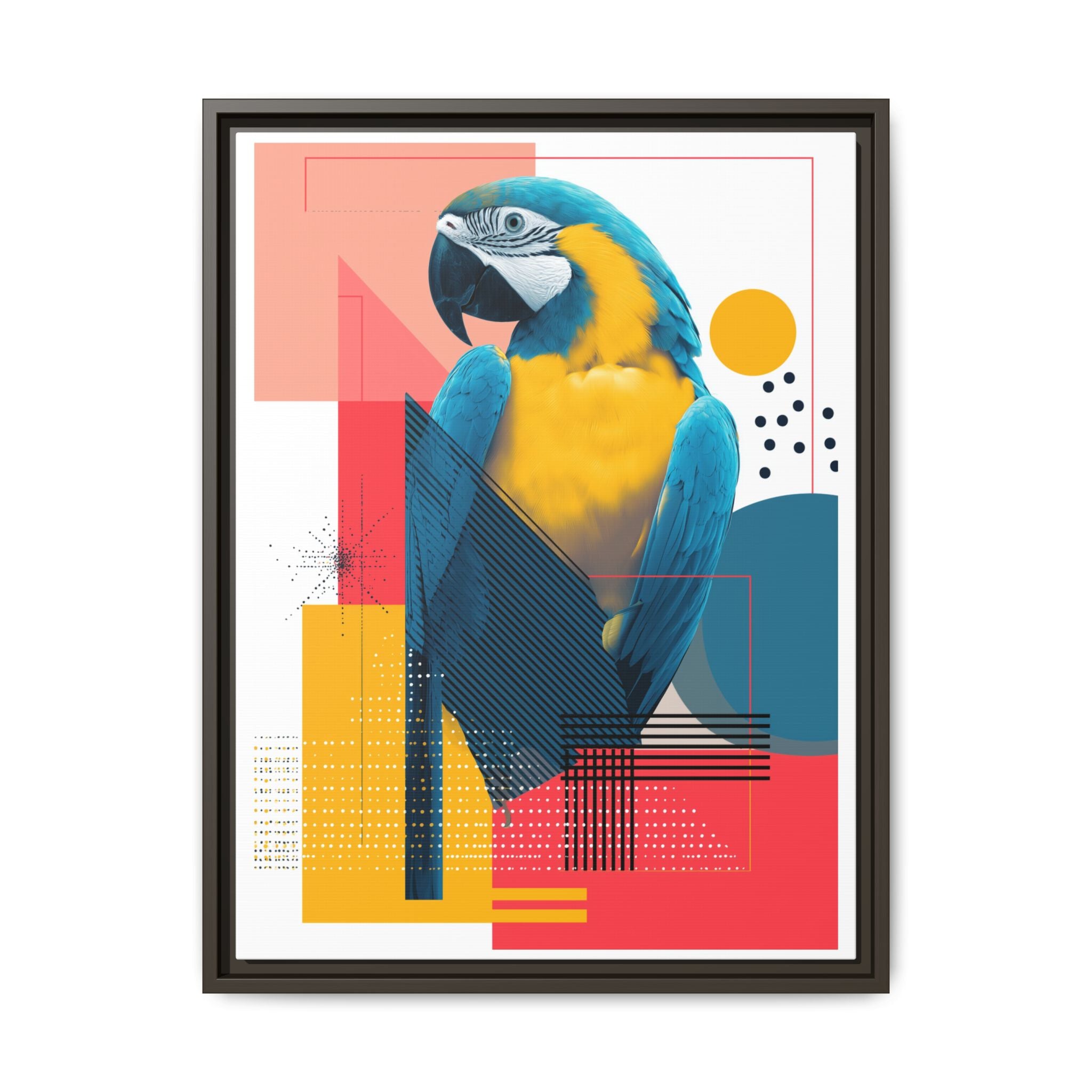 Prismatic Parrot Framed Print: Blue and Yellow Macaw in Geometric Space, Digital Art Composition   |  Personalized & Custom Orders Available