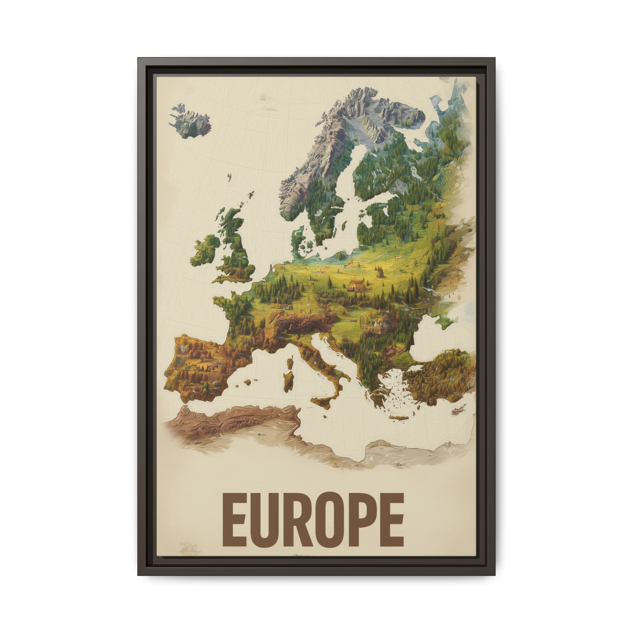 Framed Europe Map Canvas Print — Vintage Landscape Style Wall Art