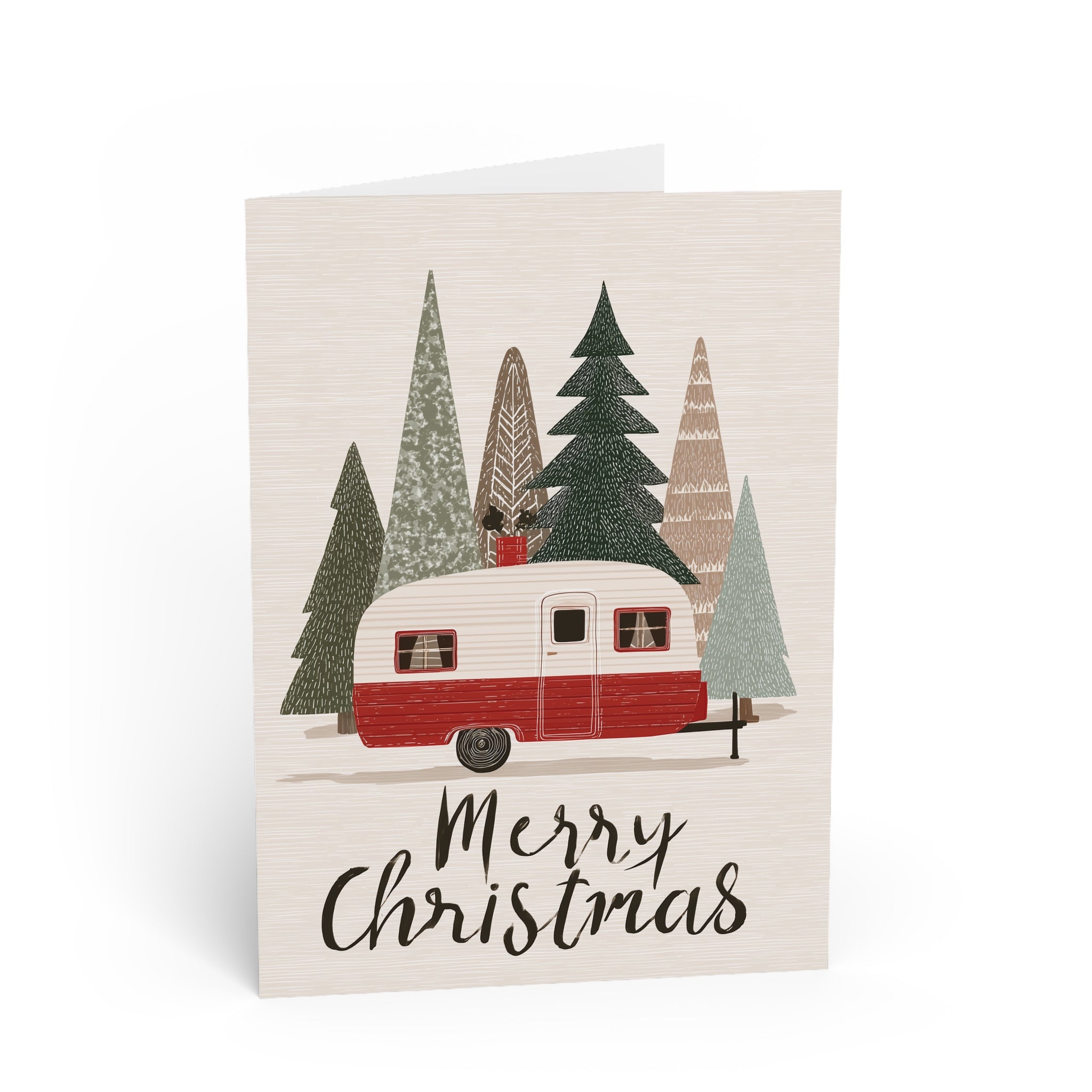 Camping Caravan Greeting Card — Retro Camper & Pine Trees Note Card