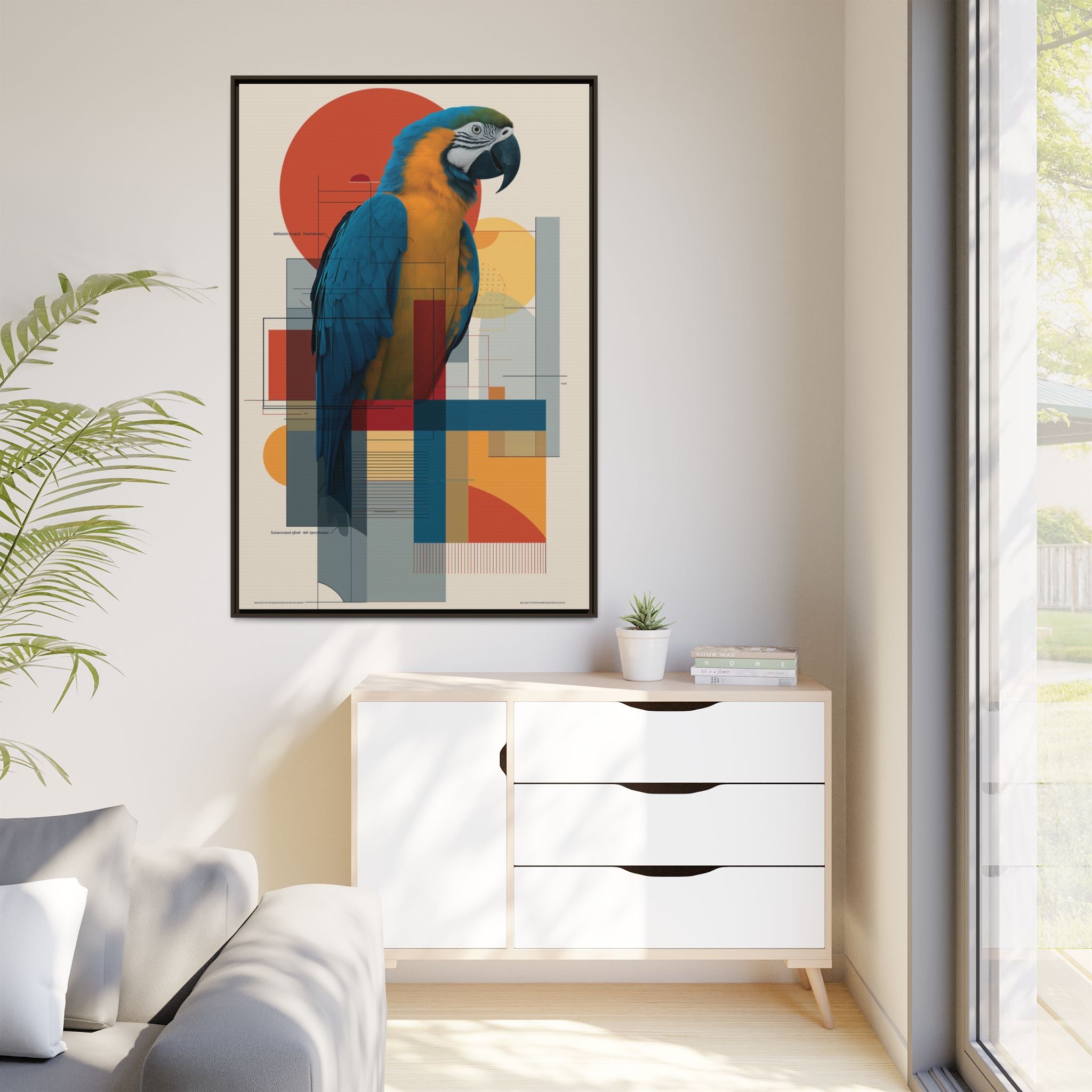 Vibrant Macaw Geometric Framed Print: Avian Realism, Modern Abstract Composition   |  Personalized & Custom Orders Available