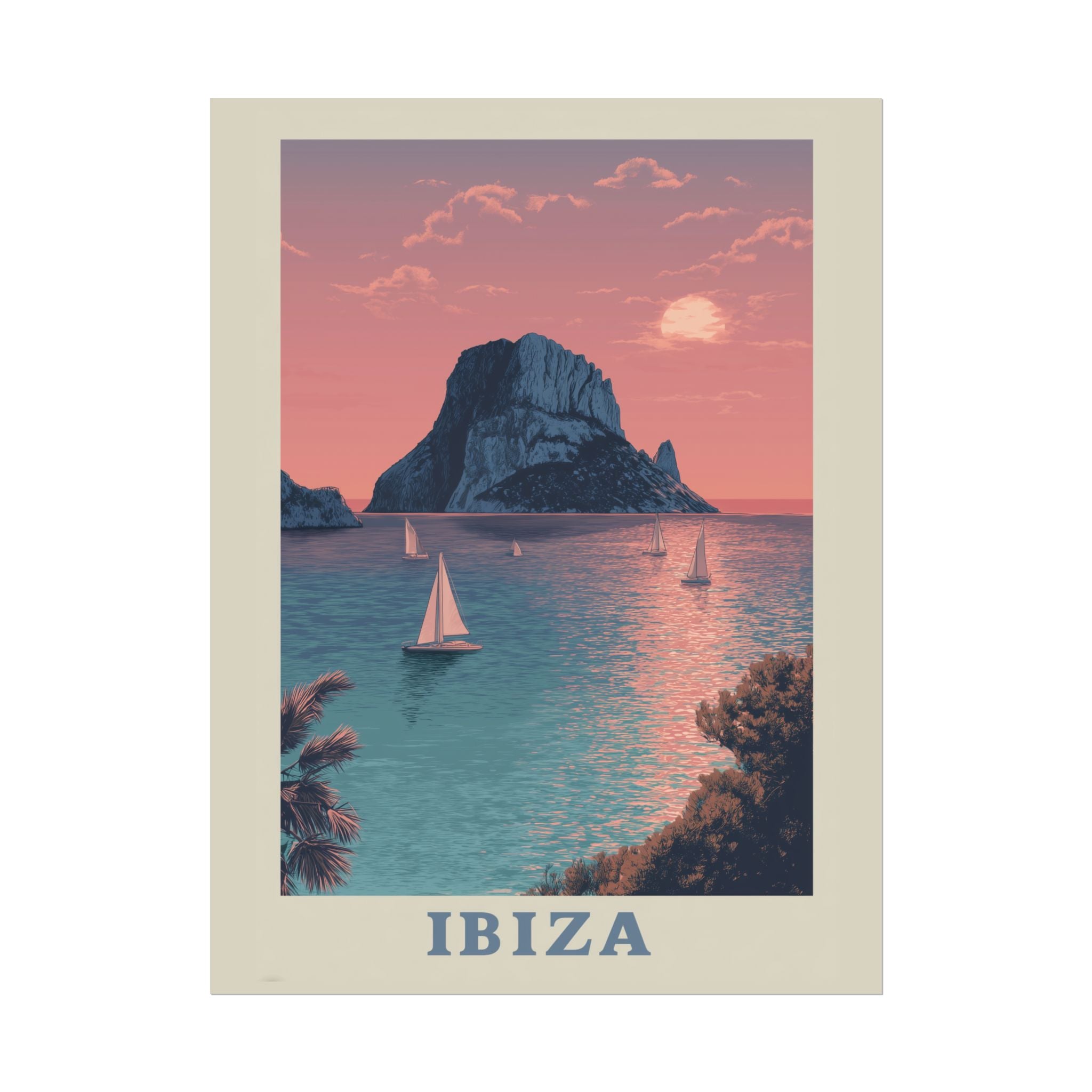 Ibiza Sunset Serenade: Vintage Travel Poster, Mediterranean Coastal Landscape   |    Custom Orders Available