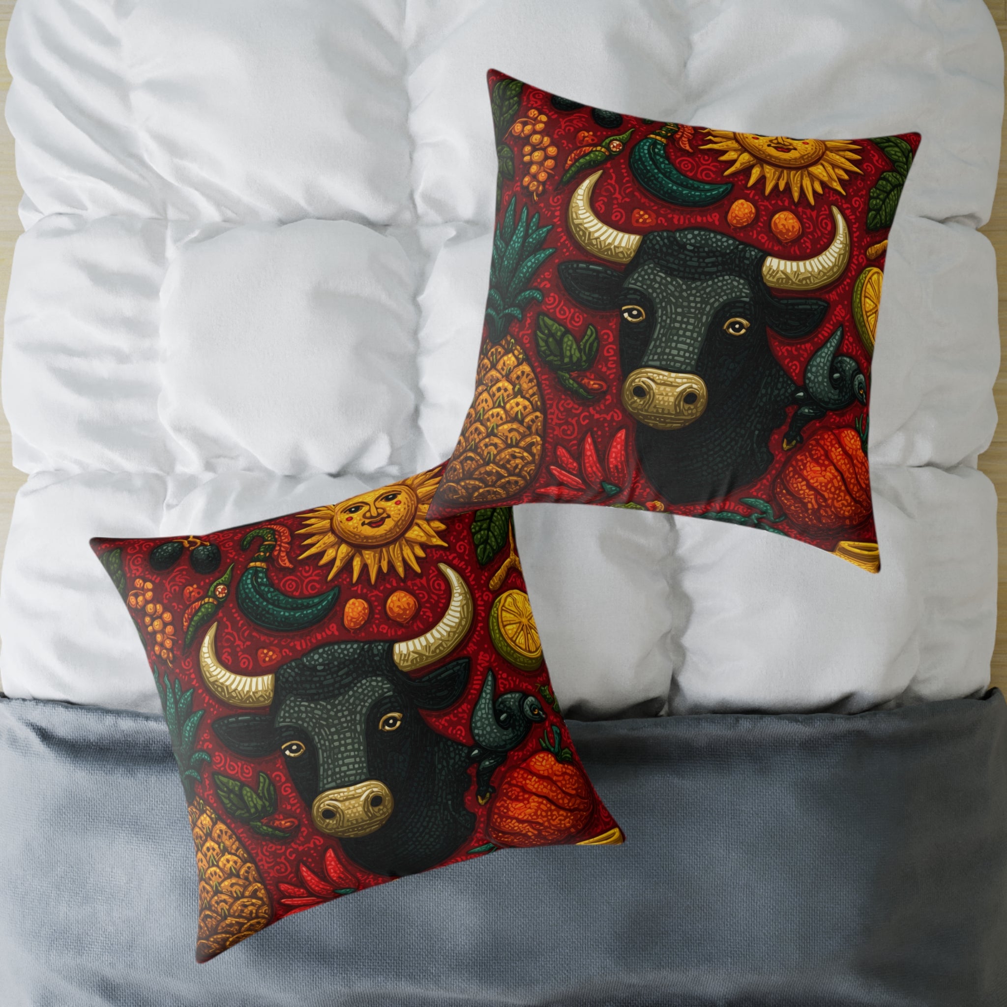 Vibrant Bull Art Pillow, Boho Home Decor, Farmhouse Cushion, Colorful Throw Pillow, Farmhouse Gift
