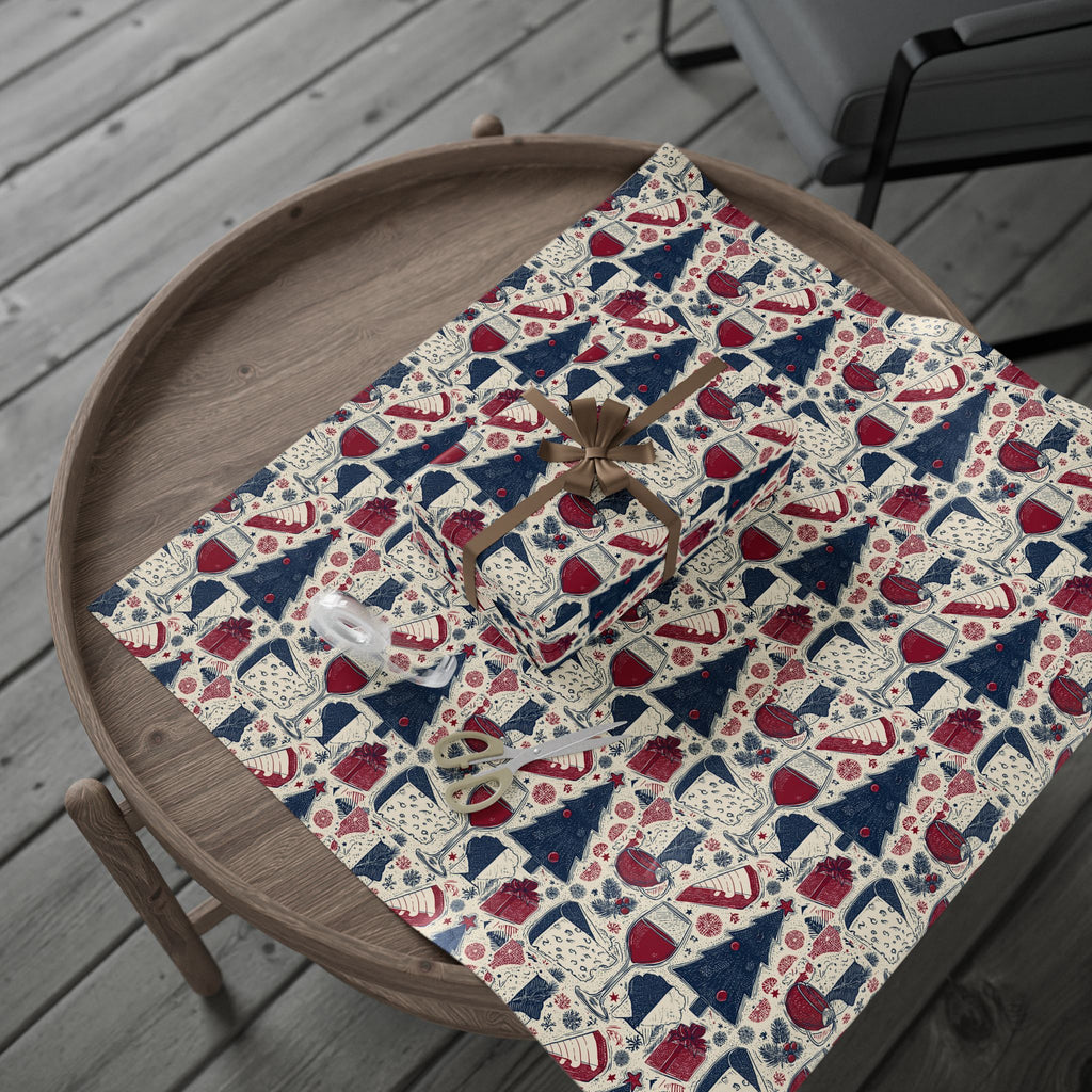 Festive Red & Navy French Christmas Tree Wrapping Paper — Holiday Gift Wrap Roll