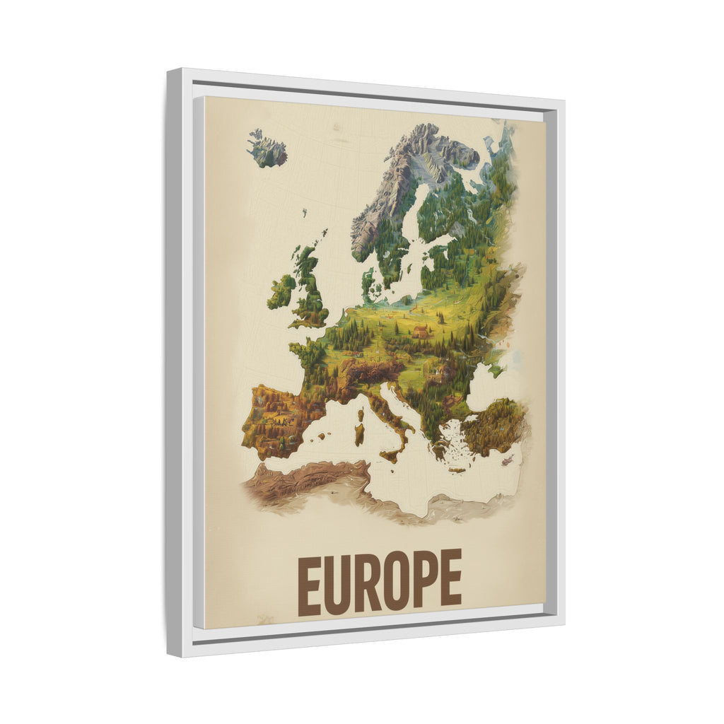 Framed Europe Map Canvas Print — Vintage Landscape Style Wall Art