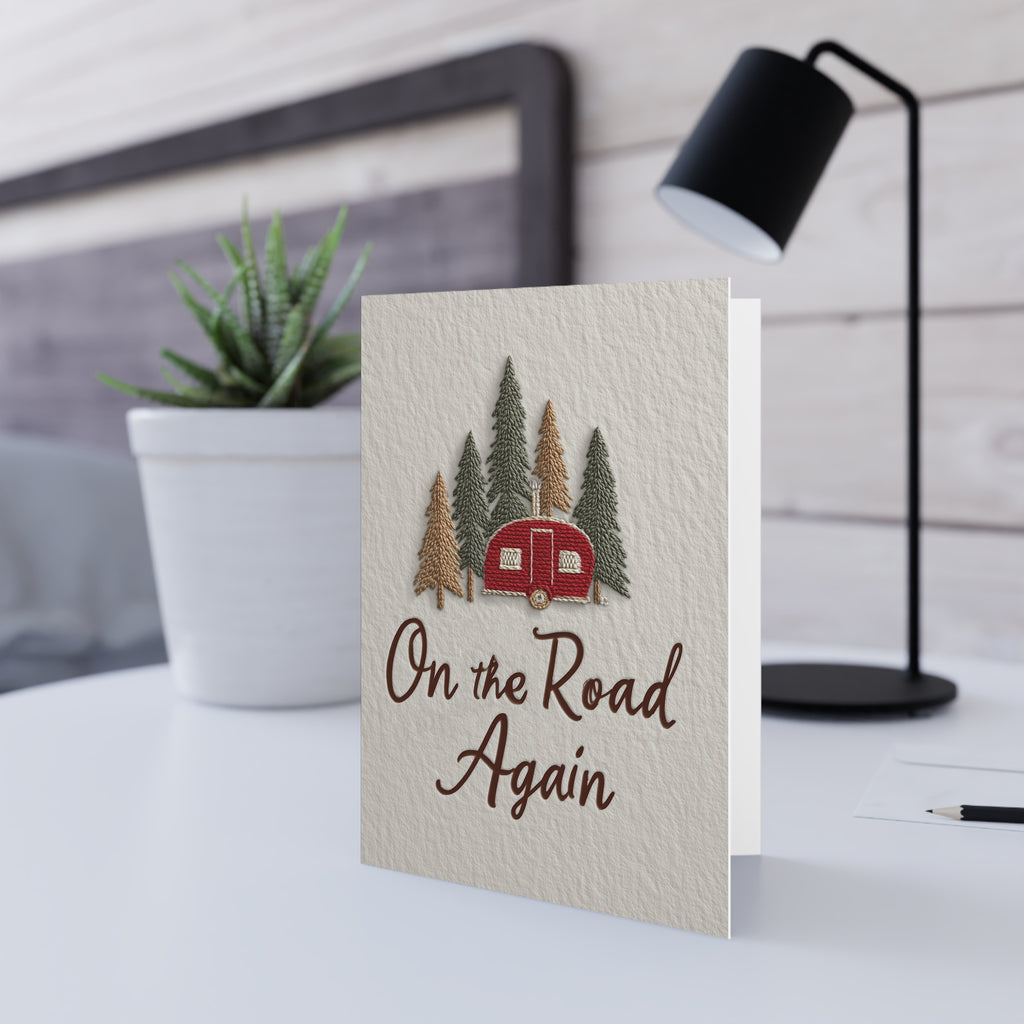 Copy of Camping Caravan Greeting Card — Retro Camper & Pine Trees Note Card