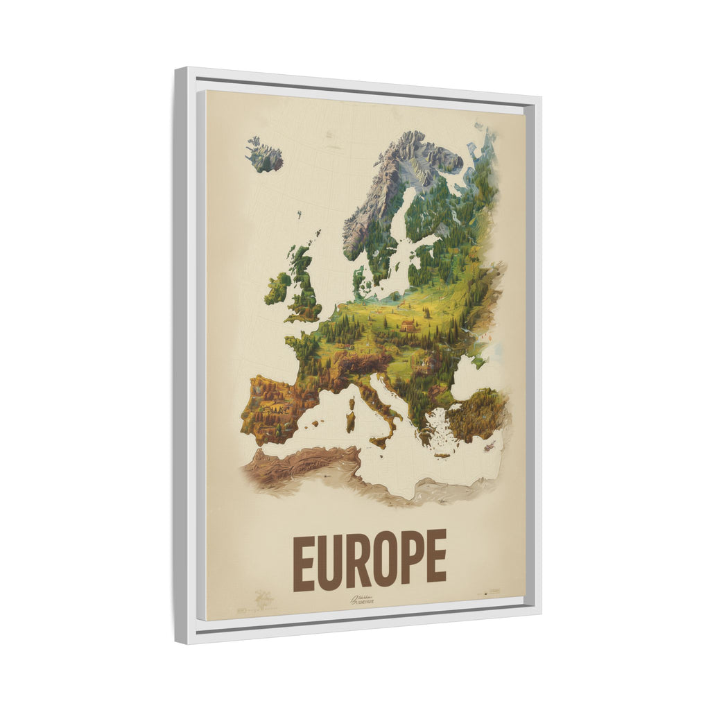 Framed Europe Map Canvas Print — Vintage Landscape Style Wall Art