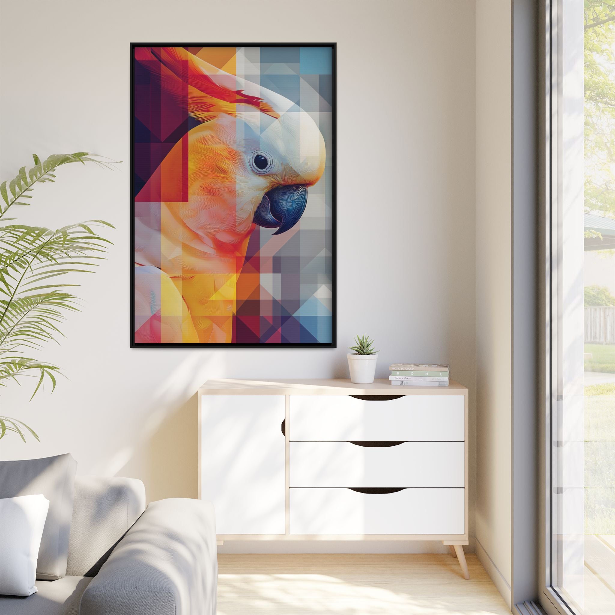 Prismatic Plume: Geometric Parrot Portrait, Digital Mosaic Abstraction   |    Custom Orders Available