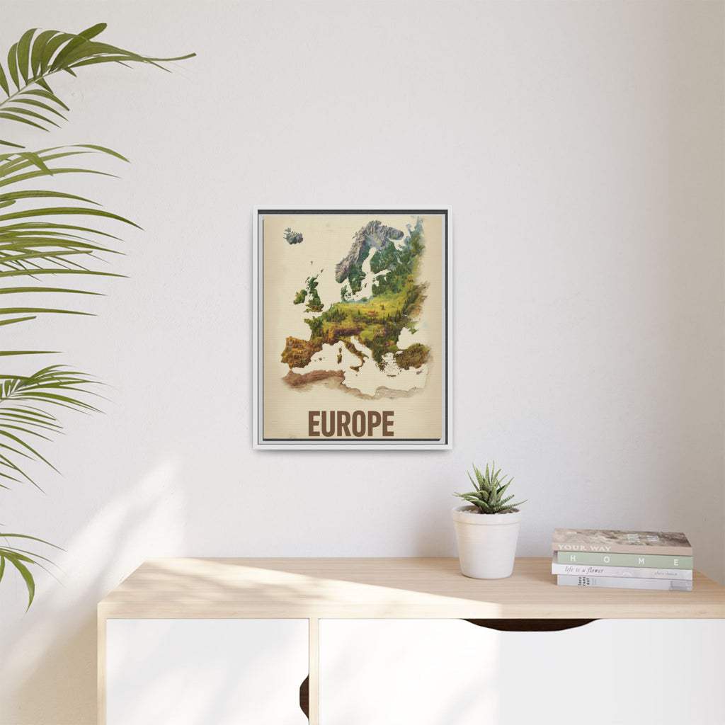 Framed Europe Map Canvas Print — Vintage Landscape Style Wall Art
