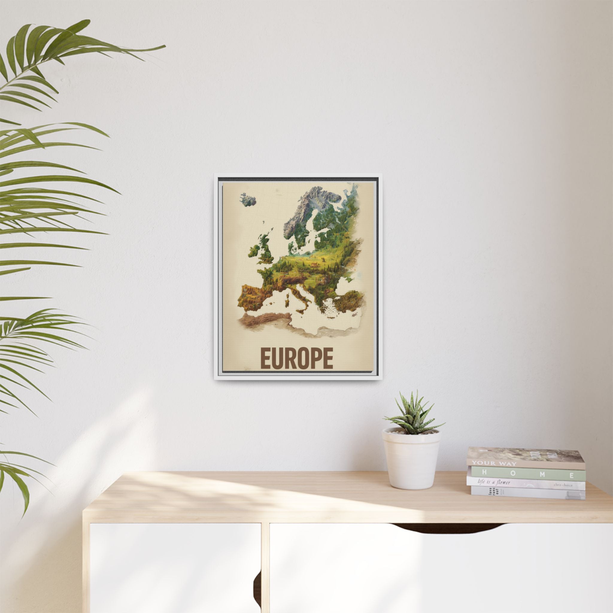 Framed Europe Map Canvas Print — Vintage Landscape Style Wall Art