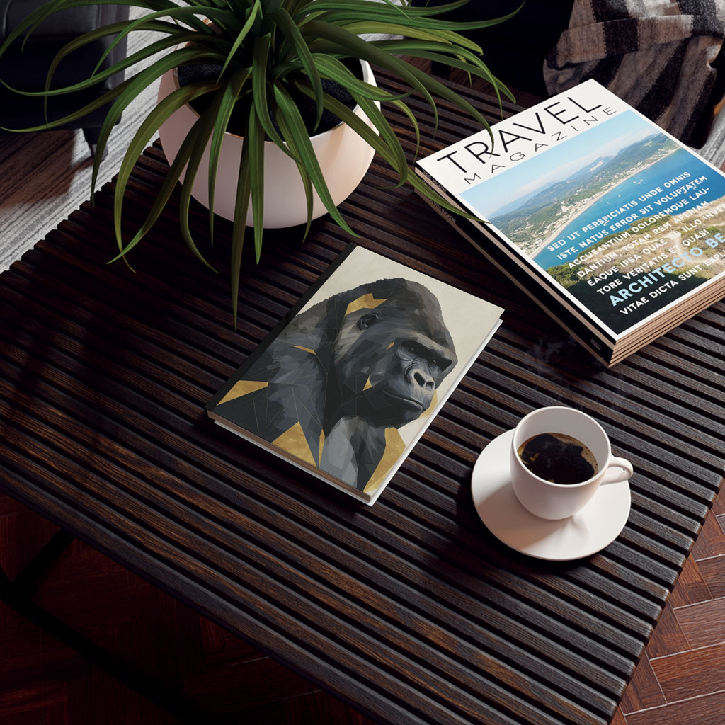 Personalized Ape Journal    |  Primal Geometry: Low-Poly Gorilla Portrait, Digital Art Fragmentation, Metallic Architectural Design