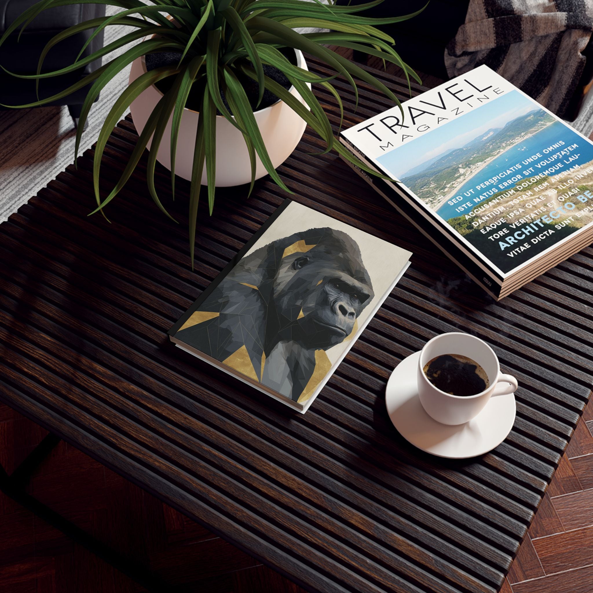 Personalized Ape Journal    |  Primal Geometry: Low-Poly Gorilla Portrait, Digital Art Fragmentation, Metallic Architectural Design