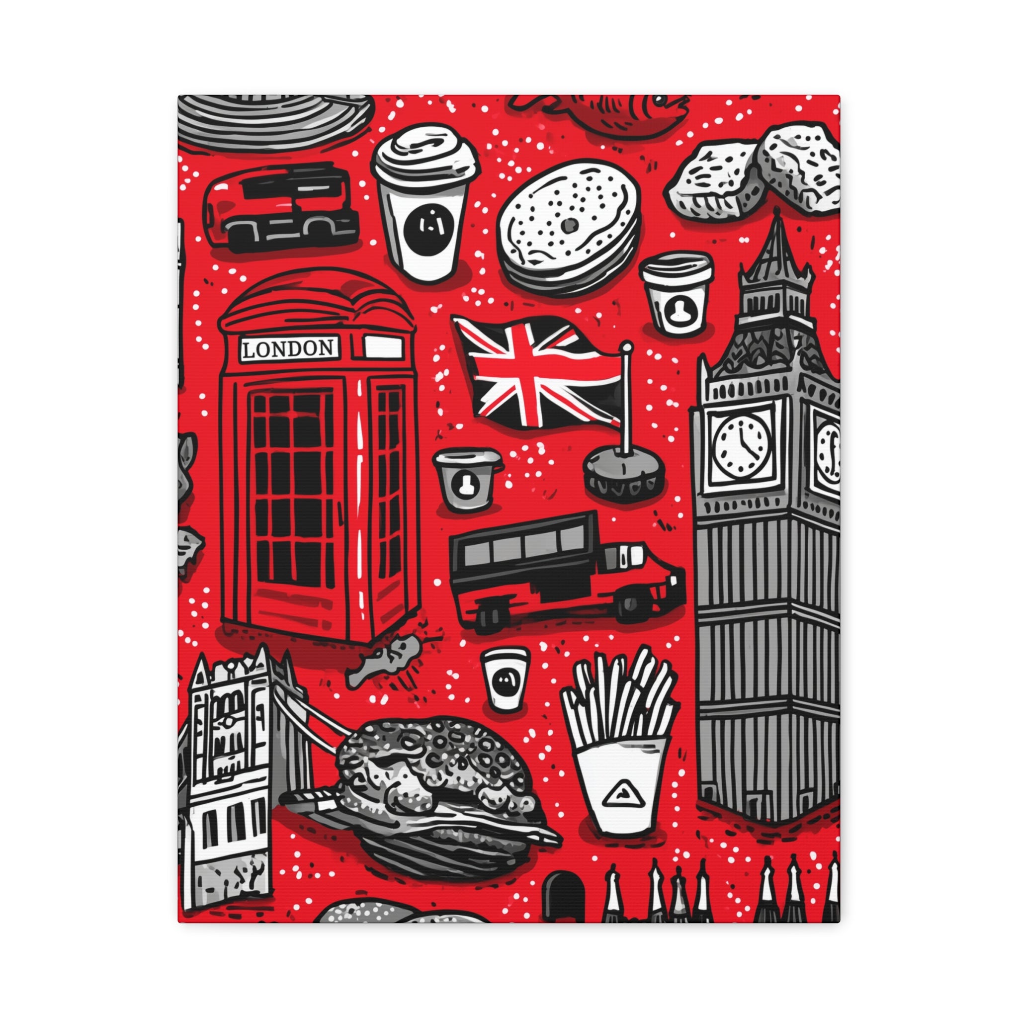 London-Themed Canvas Art, Wall Decor, Home Office Artwork, UK Travel Gift, British Culture Decor, Red and Black Design