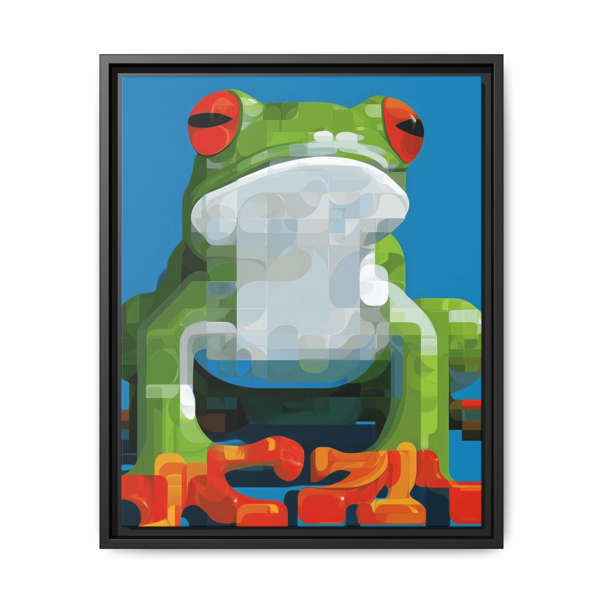 Pixel Frog Framed Print : Geometric Digital Art, Mosaic Amphibian Portrait   |  Personalized & Custom Orders Available