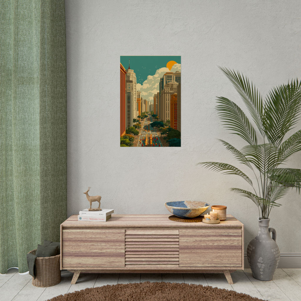 Urban Vibrancy: Retro Sao Paulo Skyline, Mid-Century Modern Cityscape   |    Custom Orders Available