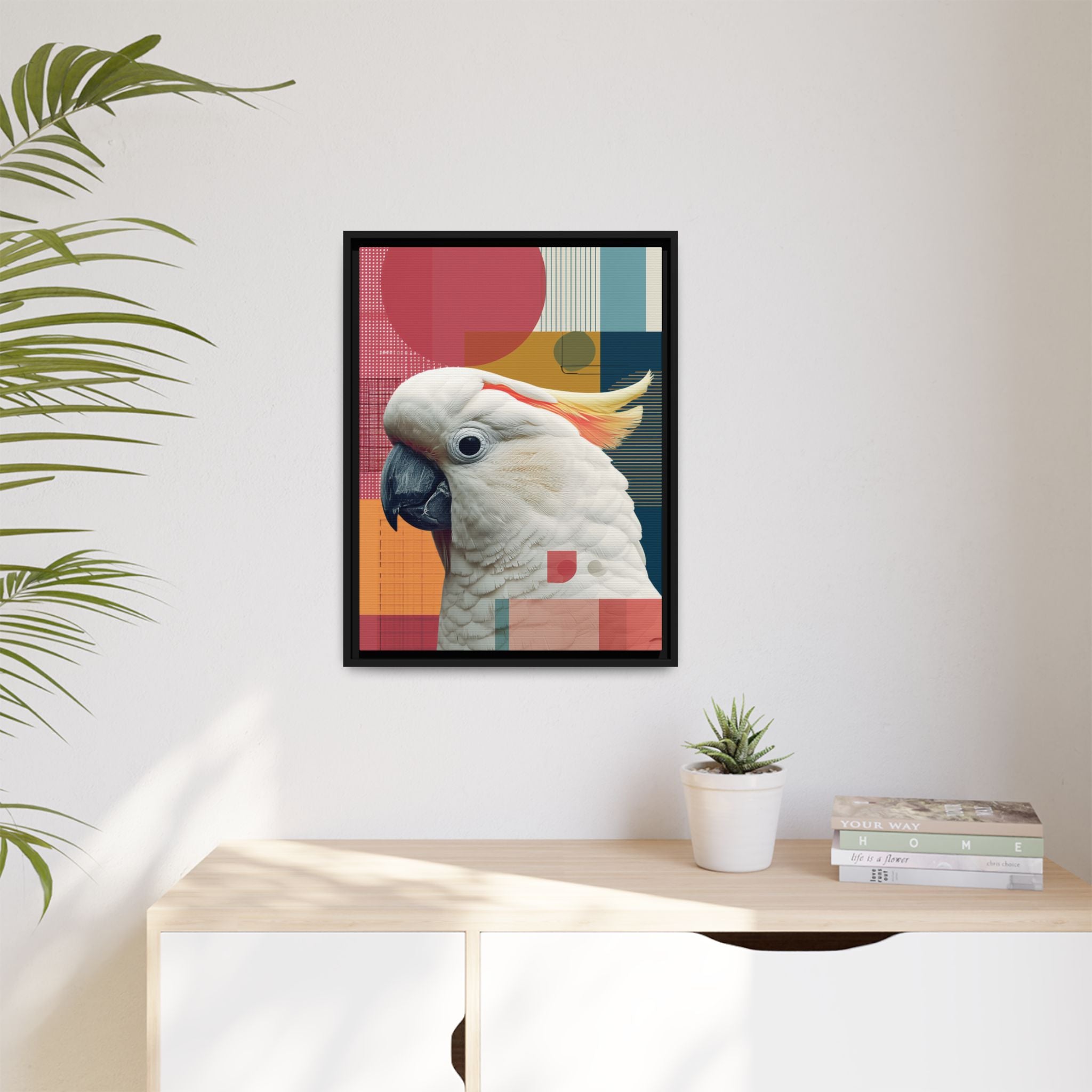 Framed Print, Cockatoo Abstract Geometric Wall Art, Matte Canvas, Colorful Bird Poster, Modern Home Decor, Tropical Animal Painting, Unique