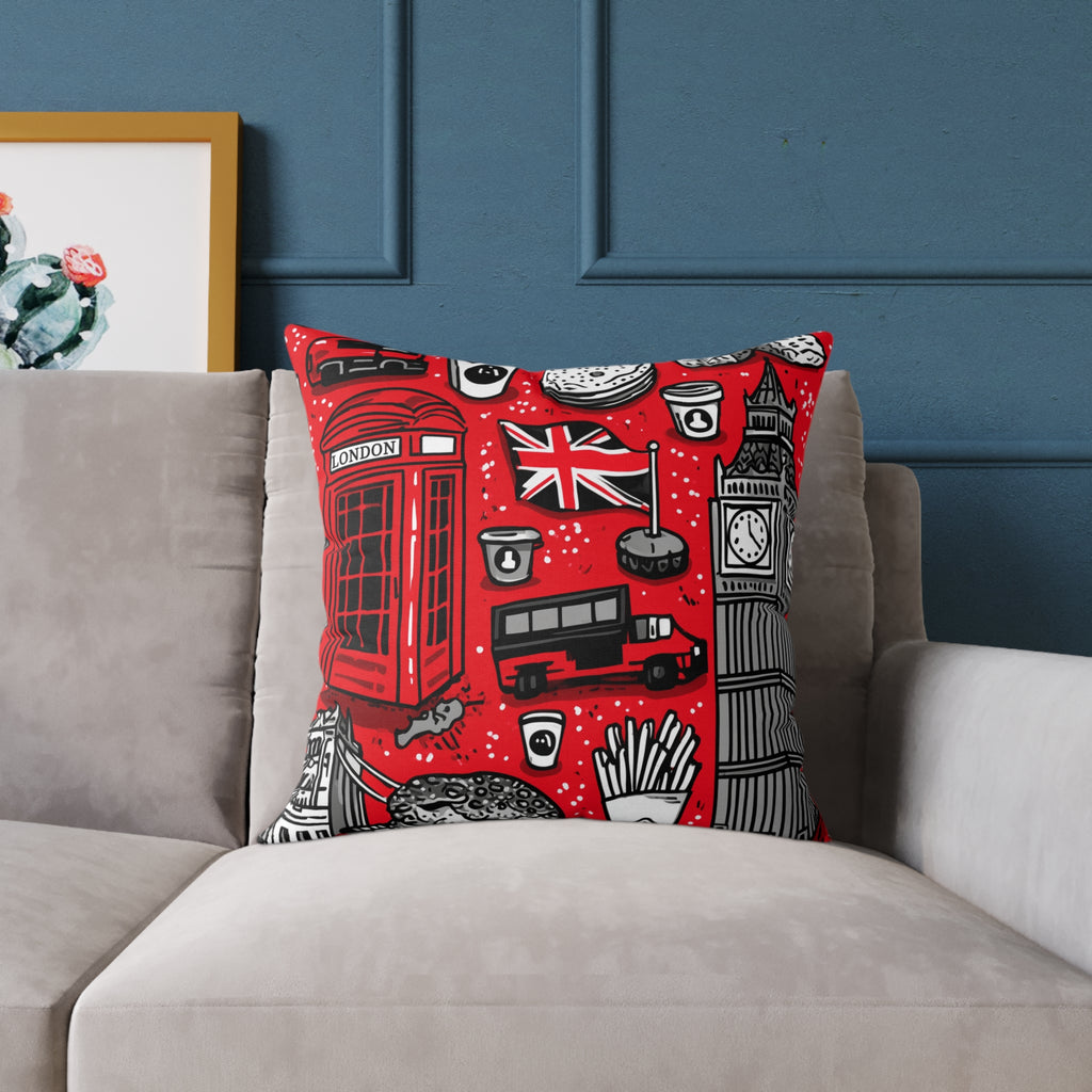 London-Themed Square Poly Canvas Pillow, Unique Home Decor, Cozy Cushion for Travel Lovers, British Inspired Design, Gift for Her