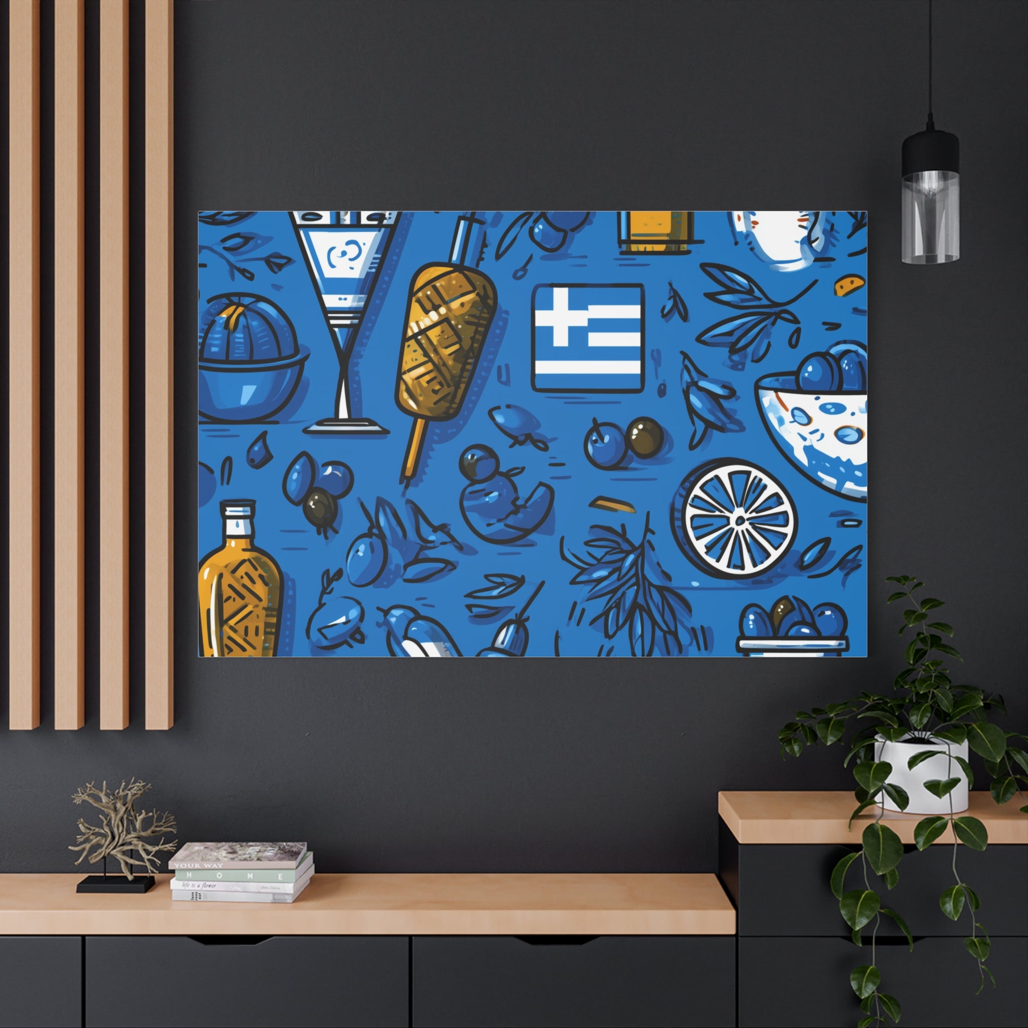 Vibrant Canvas Wall Art, Blue Mediterranean Theme, Kitchen Decor, Greek Party Decor, Olive and Drink Motif