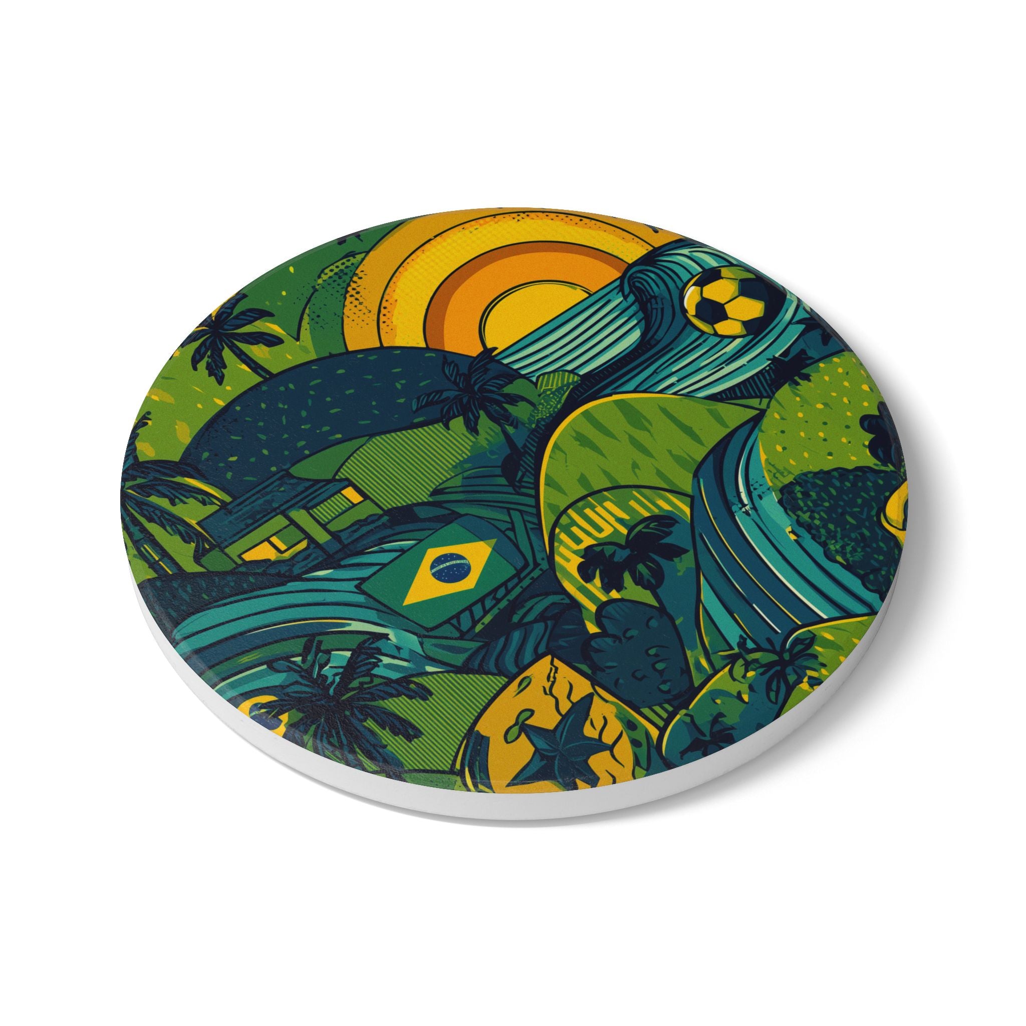 Vibrant Sunset Brazil Landscape Ceramic Coaster, Beach Decor, Gift for Home, BBQ Party Accessory, Soccer Fan Decor, Tropical Vibes