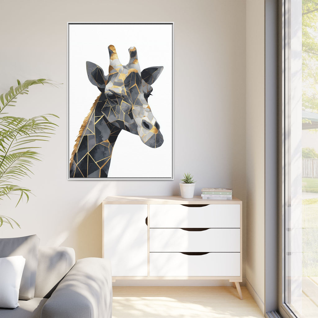 Geometric Giraffe Mosaic Framed Print : Contemporary Cubist Animal Portrait, Metallic Gold Angular Design   |   Custom Orders Available