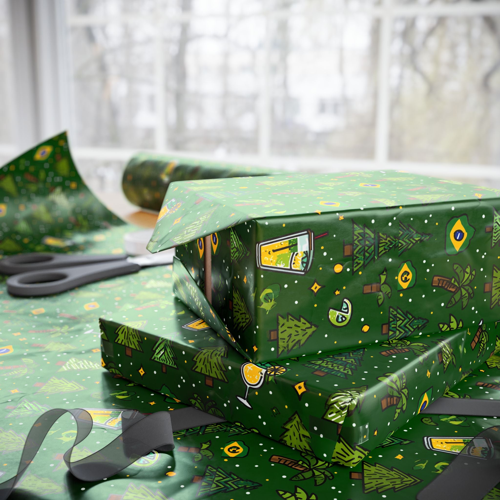 Brazillian Brazil Wrapping Paper Roll — Festive Green Holiday Gift Wrap