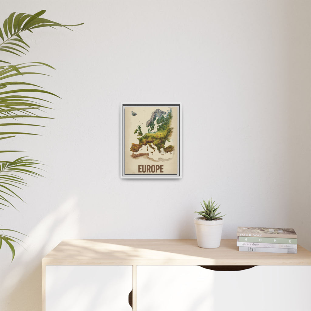 Framed Europe Map Canvas Print — Vintage Landscape Style Wall Art