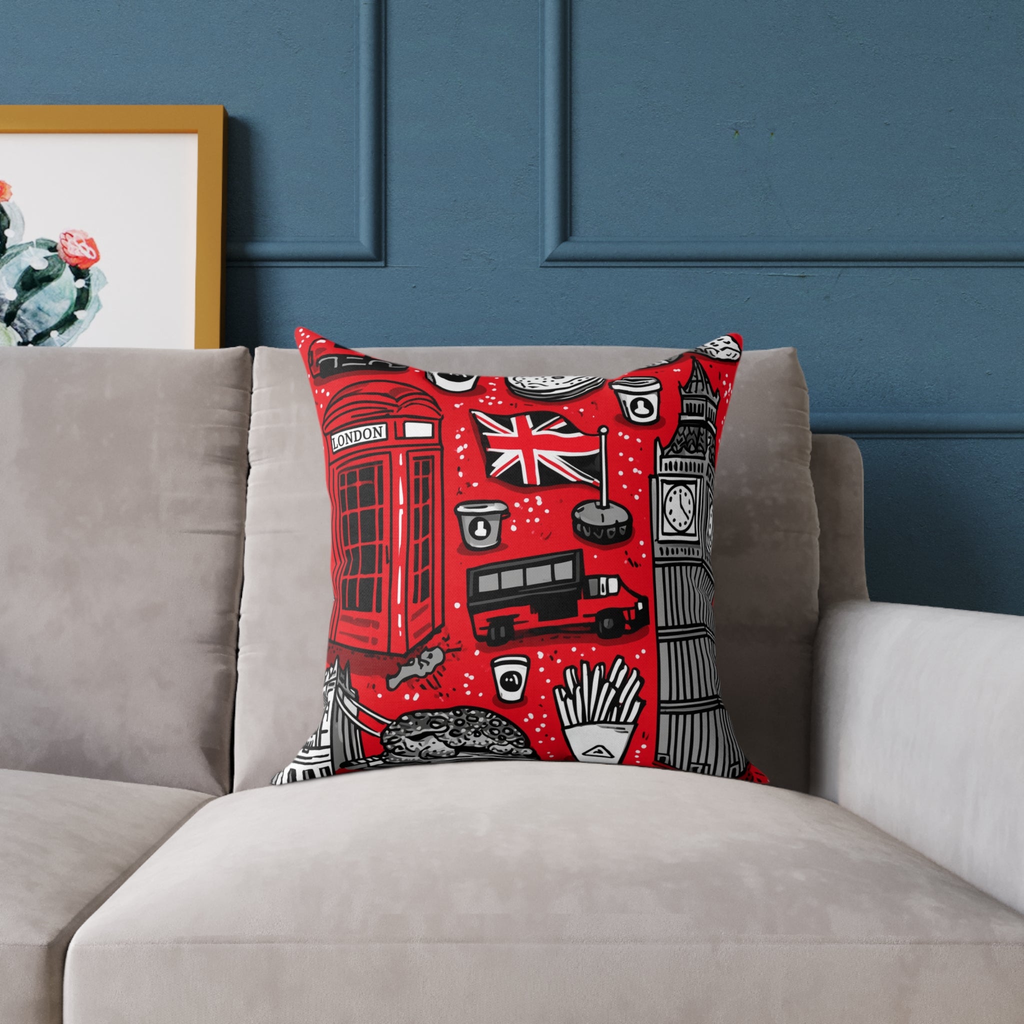 London-Themed Square Poly Canvas Pillow, Unique Home Decor, Cozy Cushion for Travel Lovers, British Inspired Design, Gift for Her