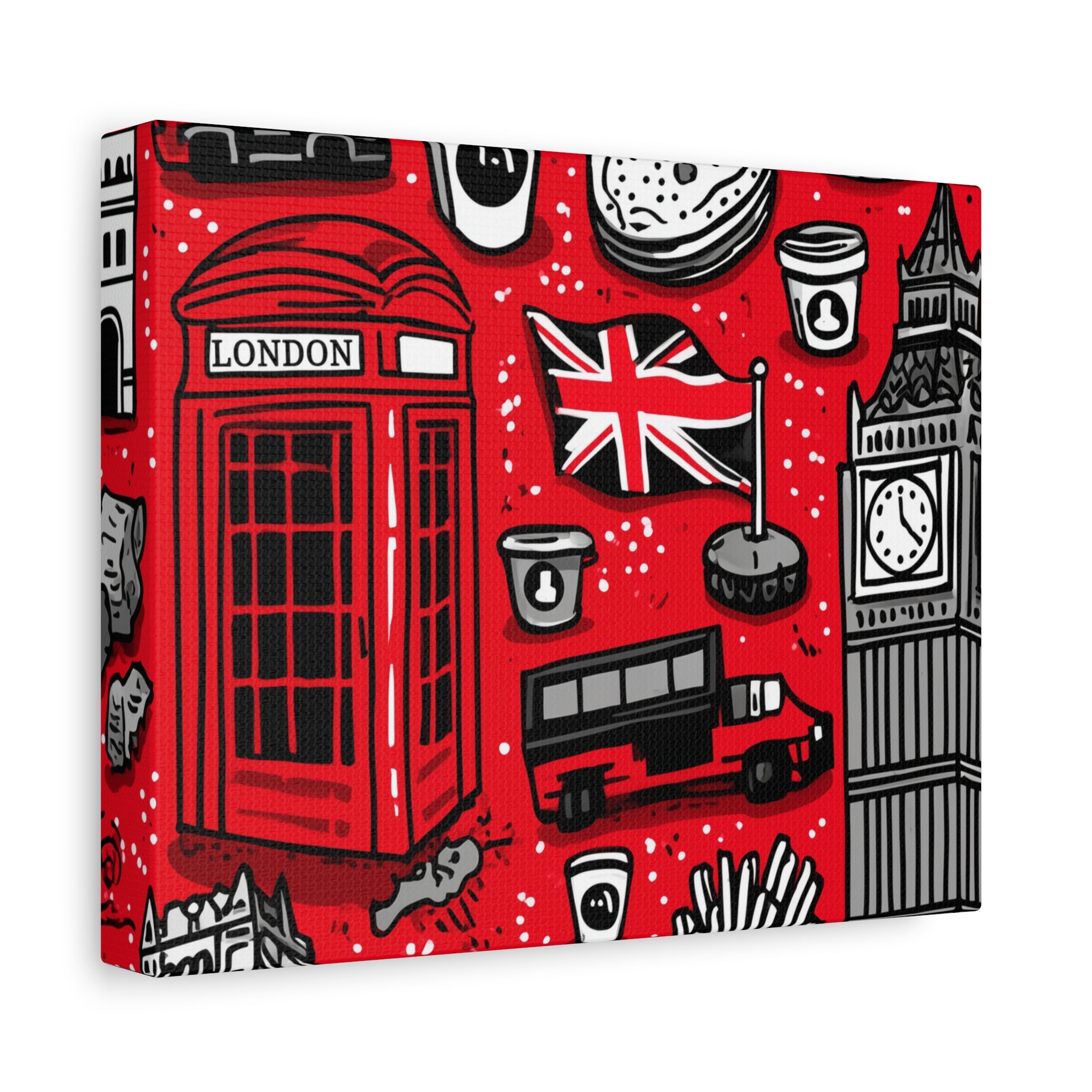 London-Themed Canvas Art, Wall Decor, Home Office Artwork, UK Travel Gift, British Culture Decor, Red and Black Design