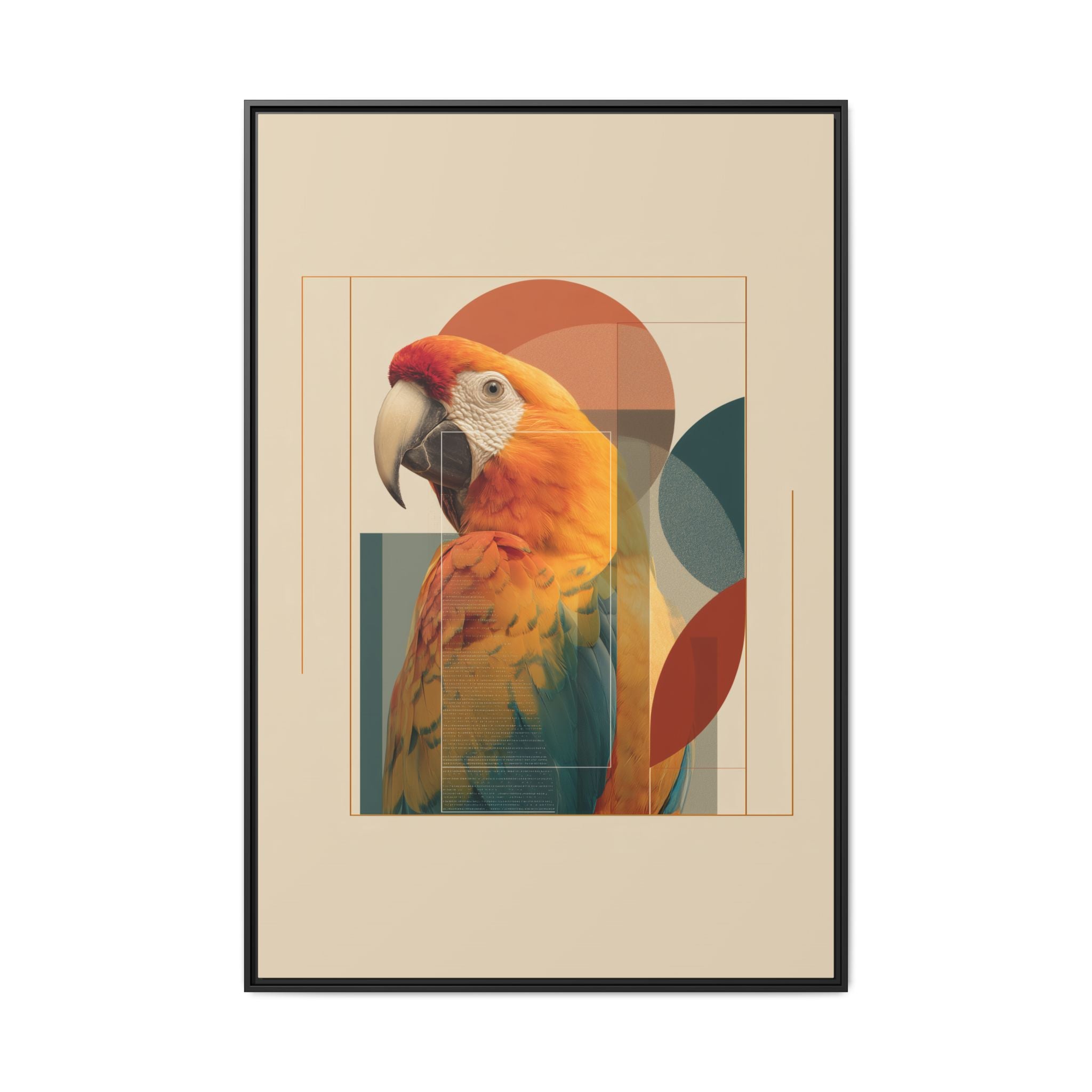 Scarlet Symphony: Macaw in Geometric Abstraction, Modern Graphic Design Artwork   |    Custom Orders Available