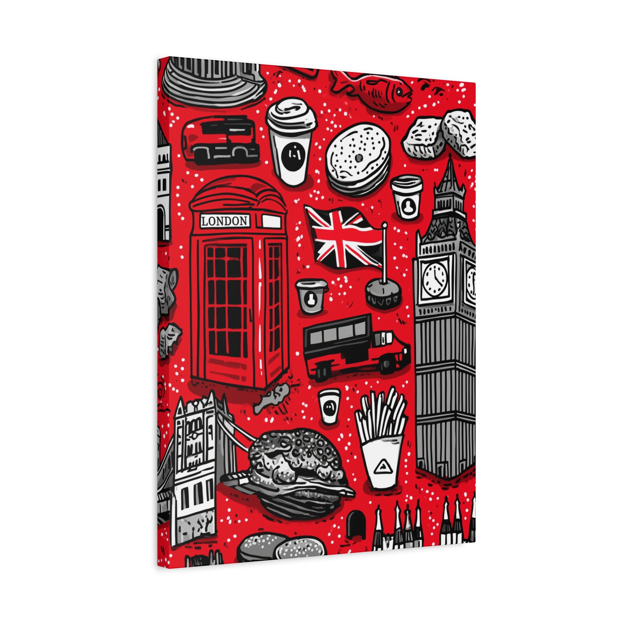 London-Themed Canvas Art, Wall Decor, Home Office Artwork, UK Travel Gift, British Culture Decor, Red and Black Design