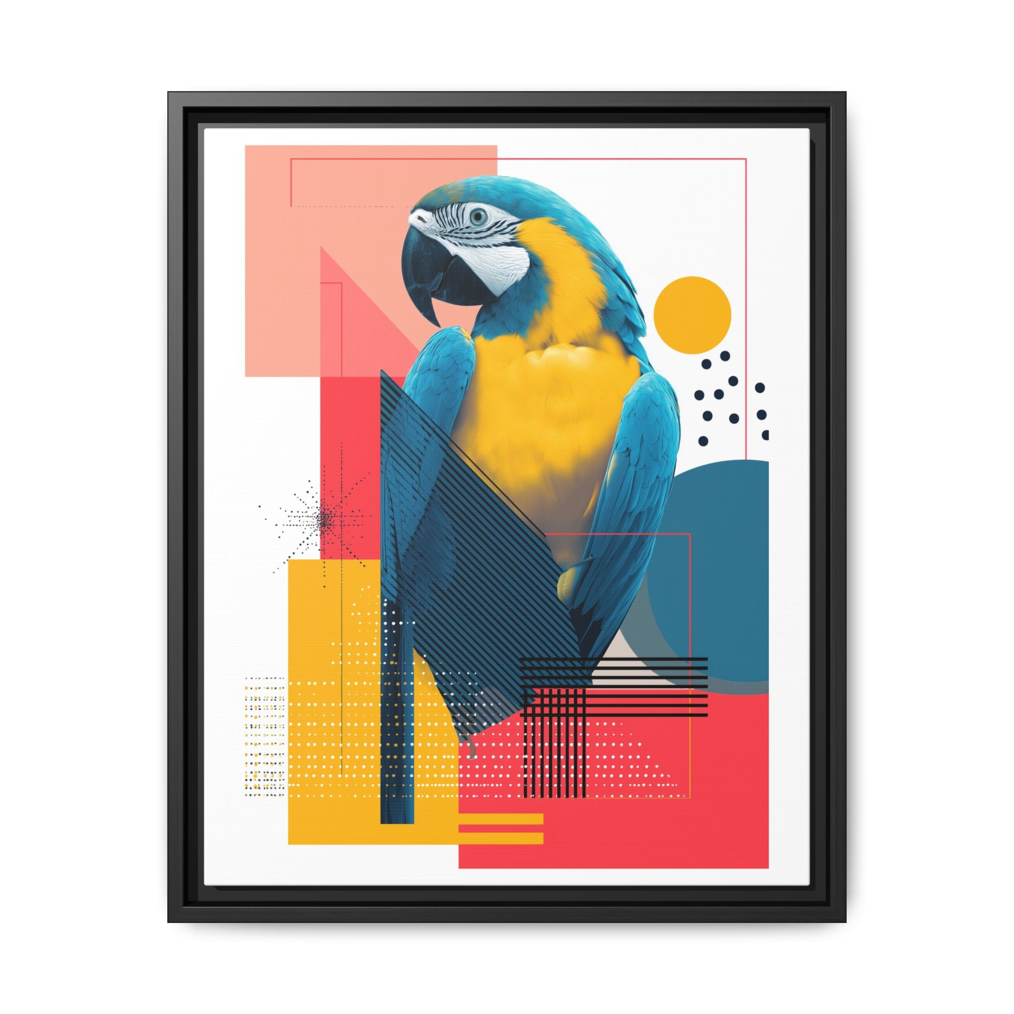 Prismatic Parrot Framed Print: Blue and Yellow Macaw in Geometric Space, Digital Art Composition   |  Personalized & Custom Orders Available