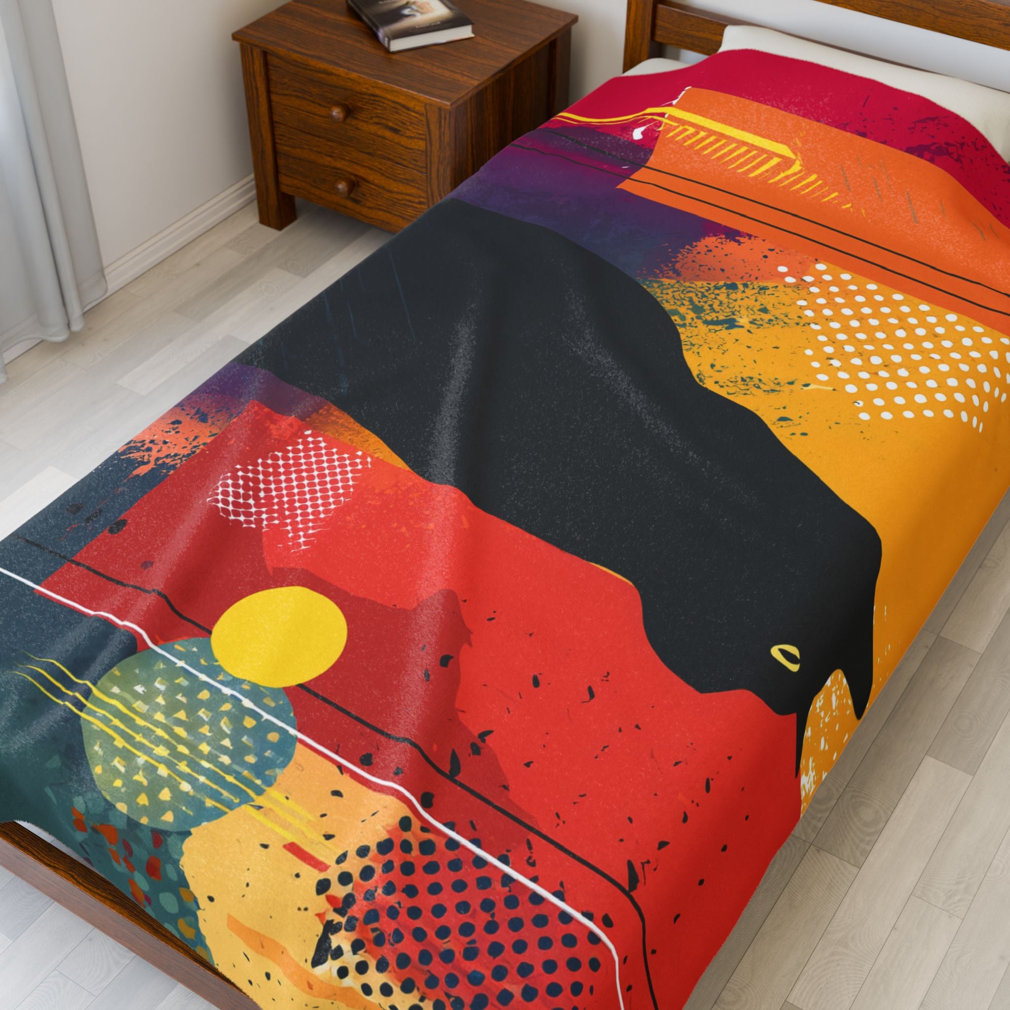 Feline Geometrica Blanket: Black Cat Silhouette, Abstract Color Blocks, Modern Graphic Design   |  Personalized & Custom Orders Available