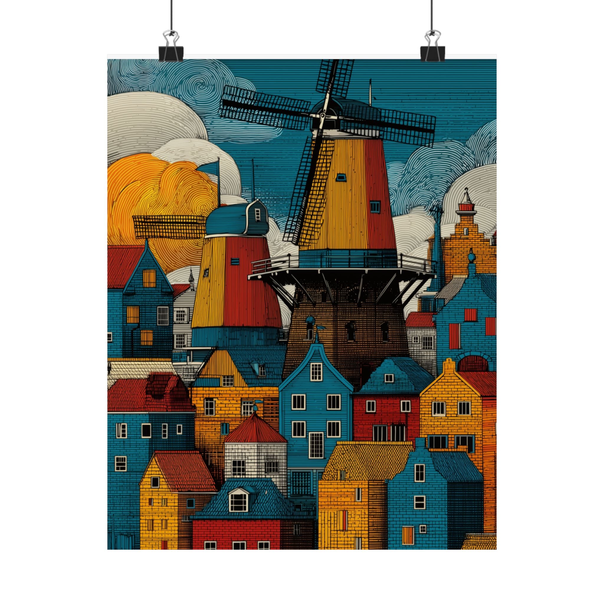 Colorful Windmill Art Print, Home Decor, Vintage Poster, Landscape Wall Art, Gift for Housewarming, Dutch Art Decoration