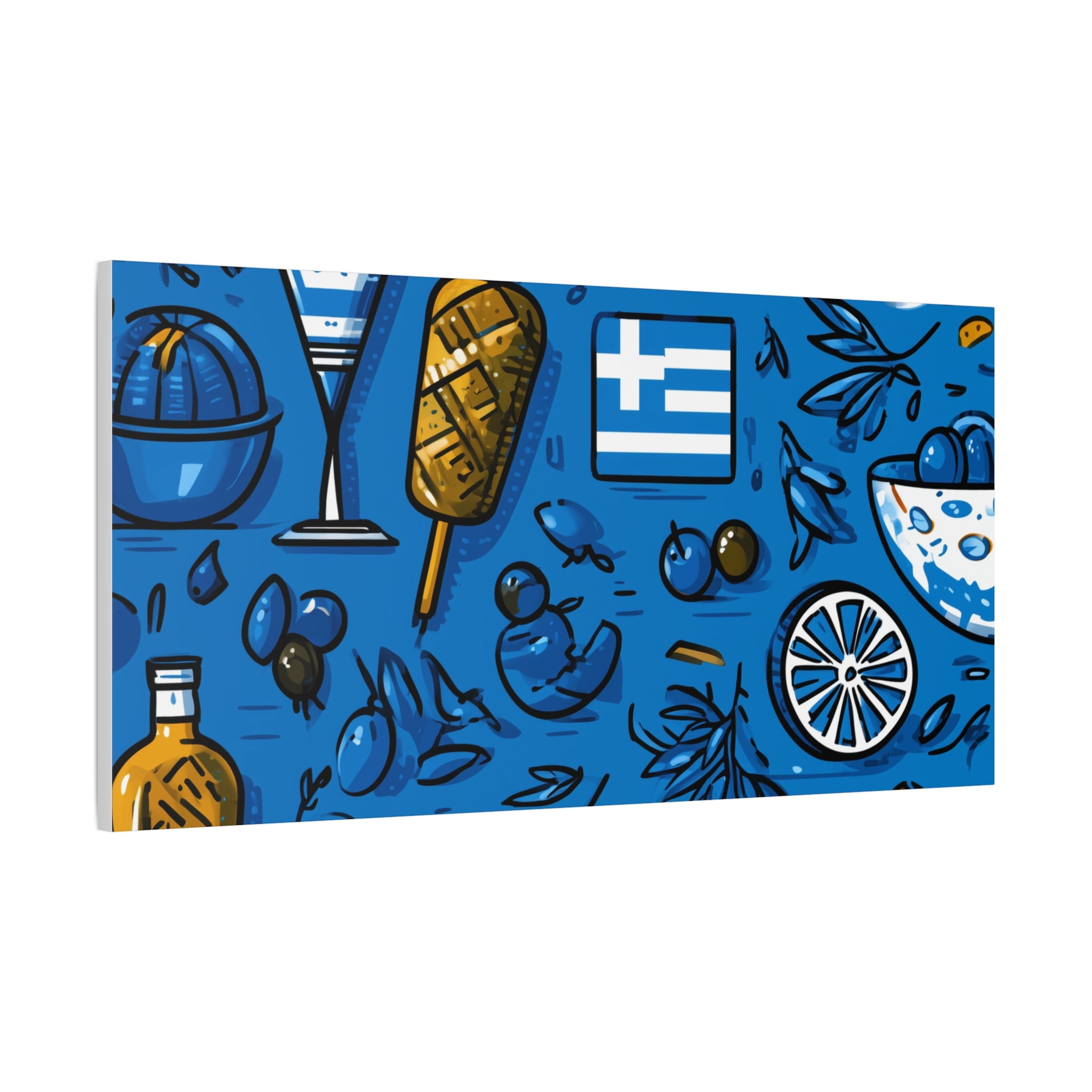 Vibrant Canvas Wall Art, Blue Mediterranean Theme, Kitchen Decor, Greek Party Decor, Olive and Drink Motif
