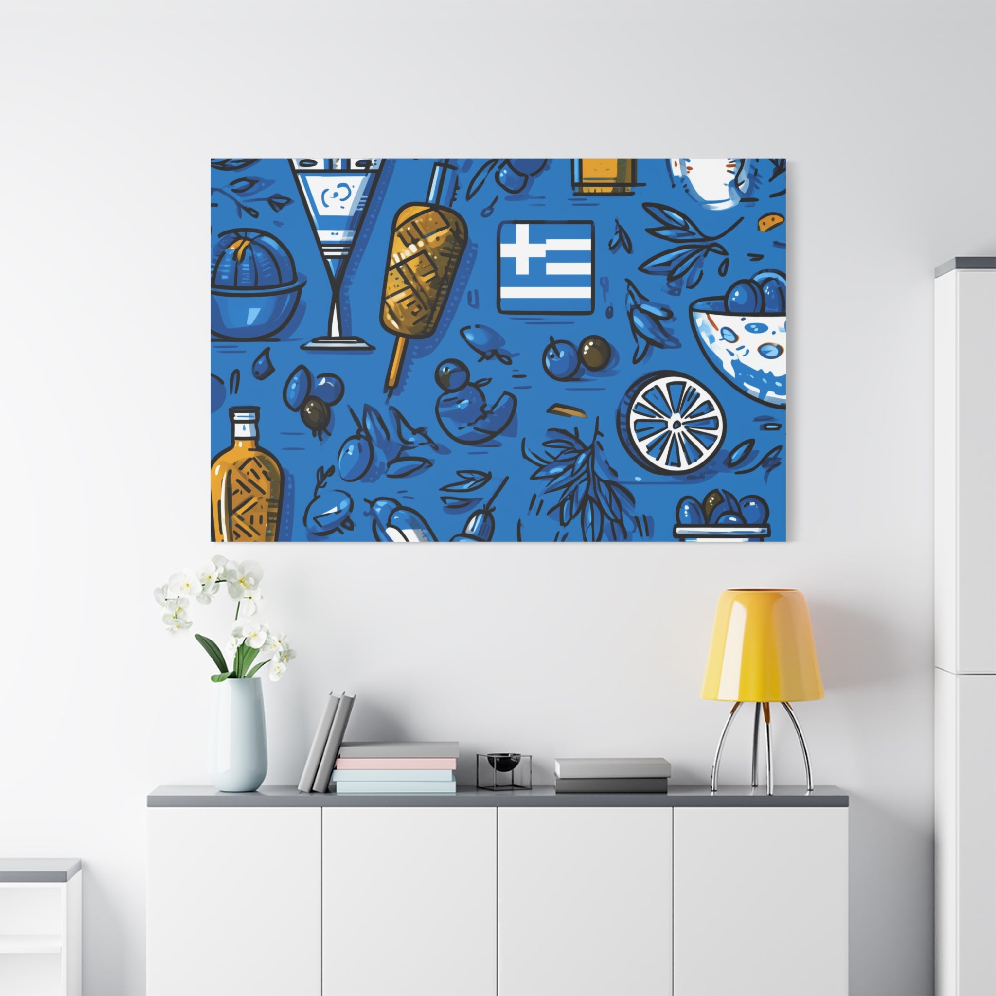 Vibrant Canvas Wall Art, Blue Mediterranean Theme, Kitchen Decor, Greek Party Decor, Olive and Drink Motif