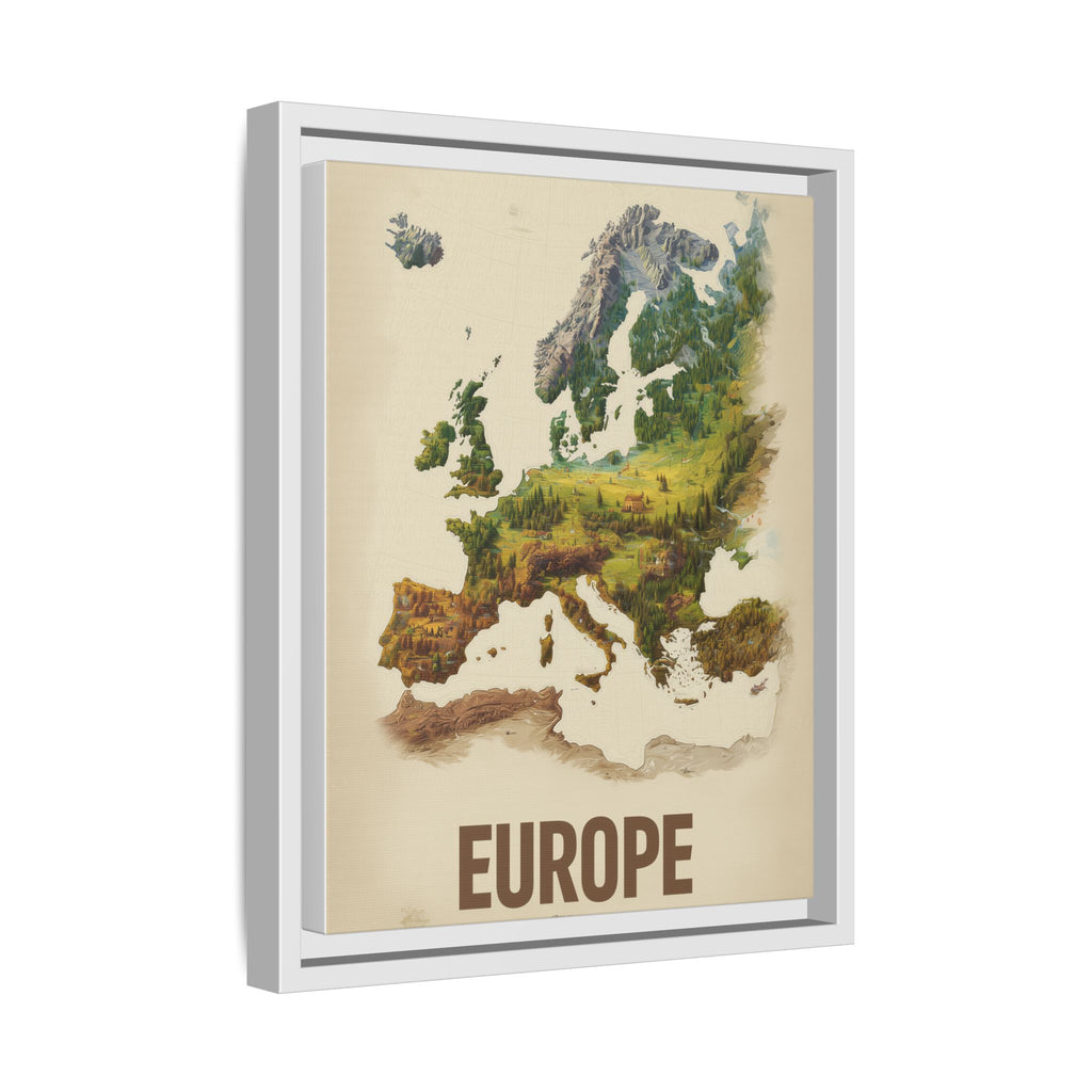 Framed Europe Map Canvas Print — Vintage Landscape Style Wall Art