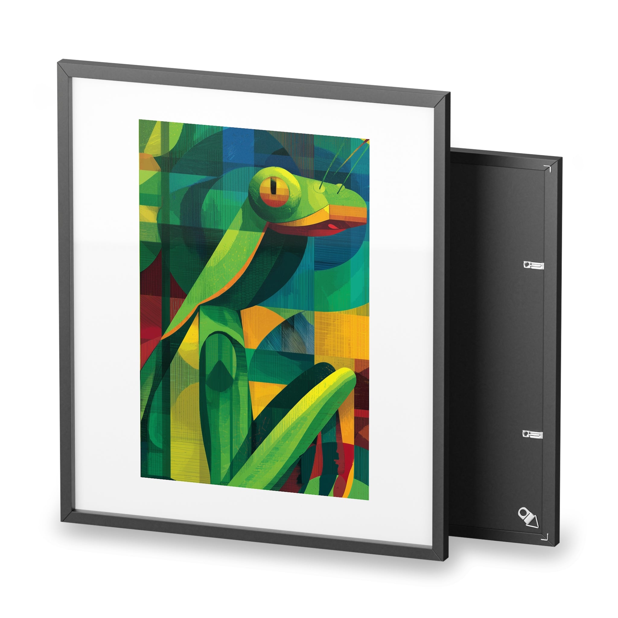 Vibrant Praying Mantis Art Framed Poster, Colorful Wall Decor, Nature-Inspired Home Decor, Unique Gift for Animal Lovers, Modern Art Print