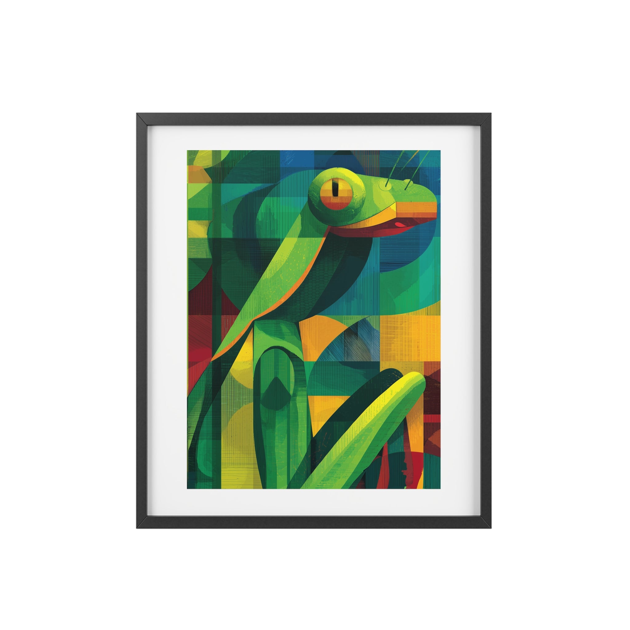 Vibrant Praying Mantis Art Framed Poster, Colorful Wall Decor, Nature-Inspired Home Decor, Unique Gift for Animal Lovers, Modern Art Print