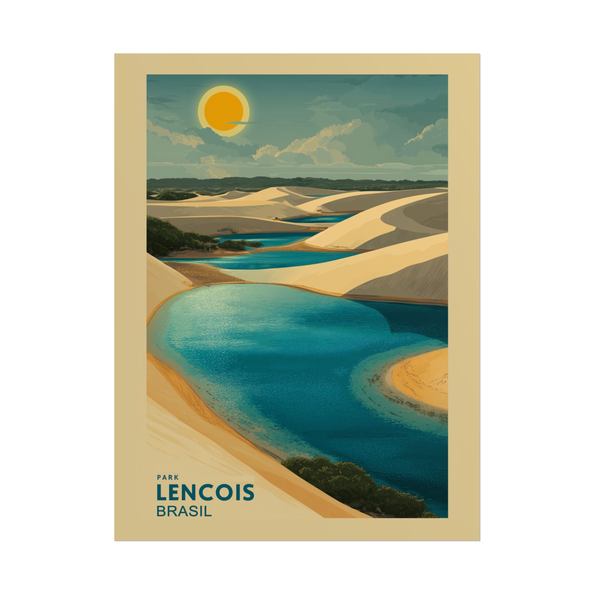 Lençois Park Dreamscape: Golden Dunes and Turquoise Waters, Vintage Travel Poster Panorama   |    Custom Orders Available